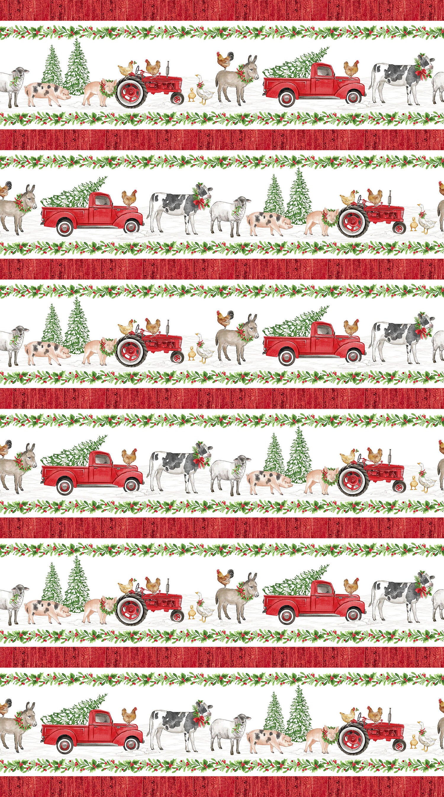 Barnyard Christmas - Border Stripe White Multi Yardage - Image 2