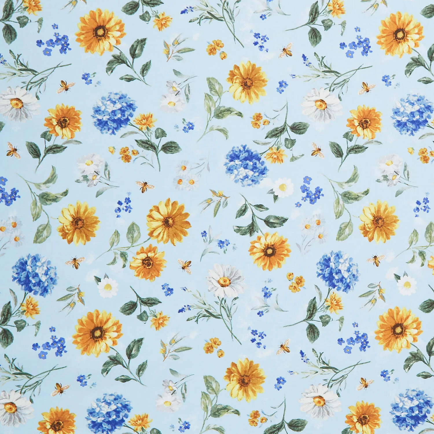 Bees & Blooms - Large Floral Toss Blue Yardage