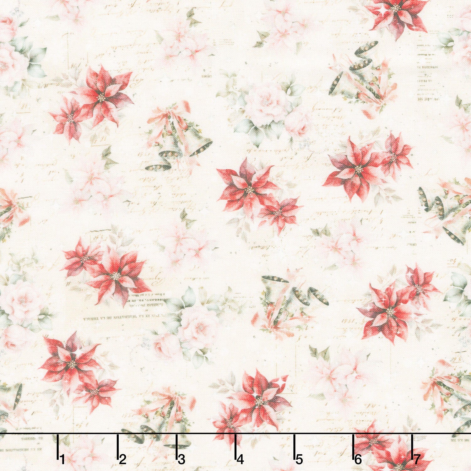 Christmas Magic - Poinsettias & Bells Ivory Yardage