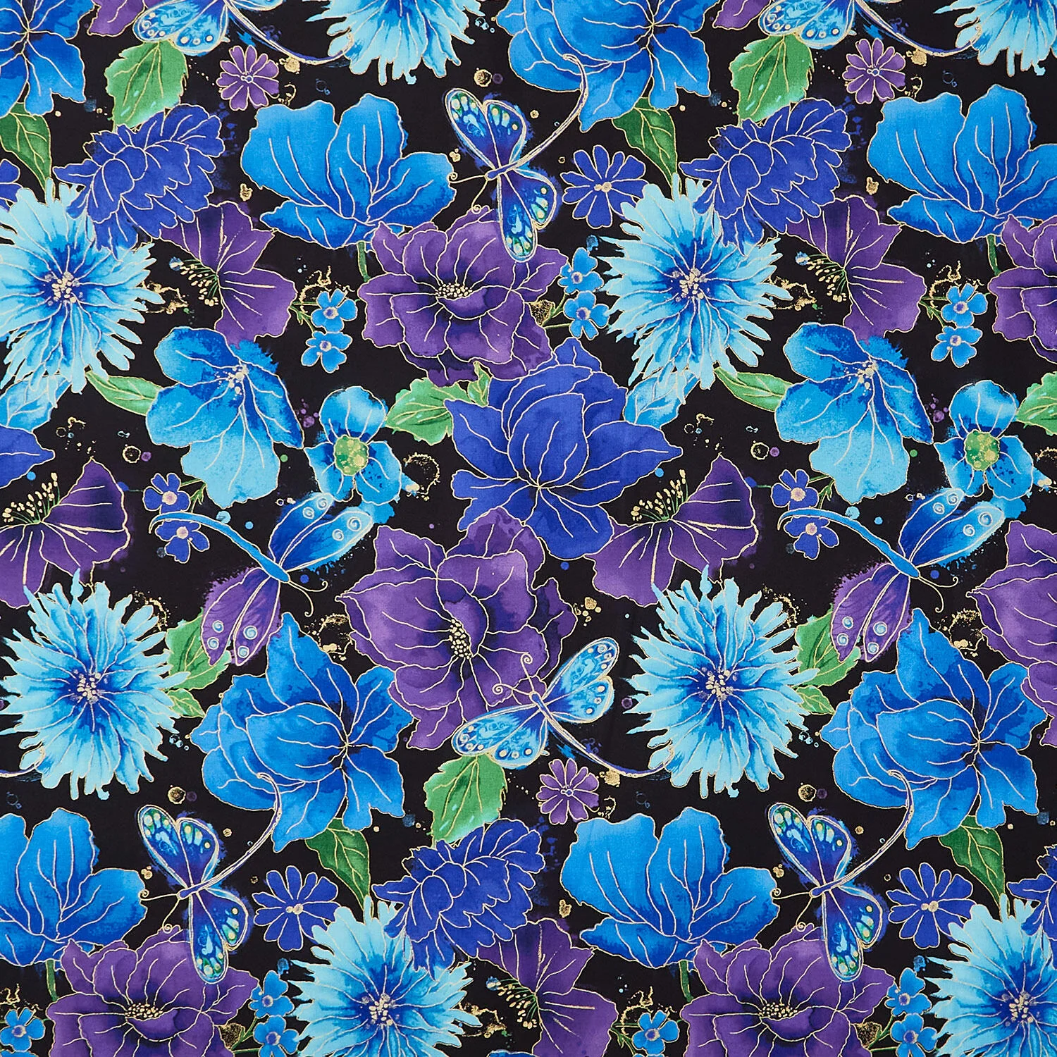 Dragonfly Floral Metallic Black Yardage