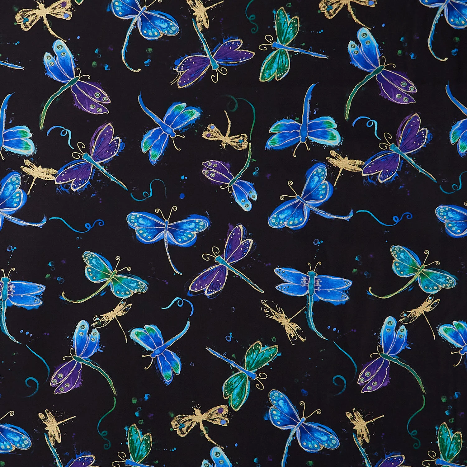 Dragonfly Tossed Metallic Black Yardage