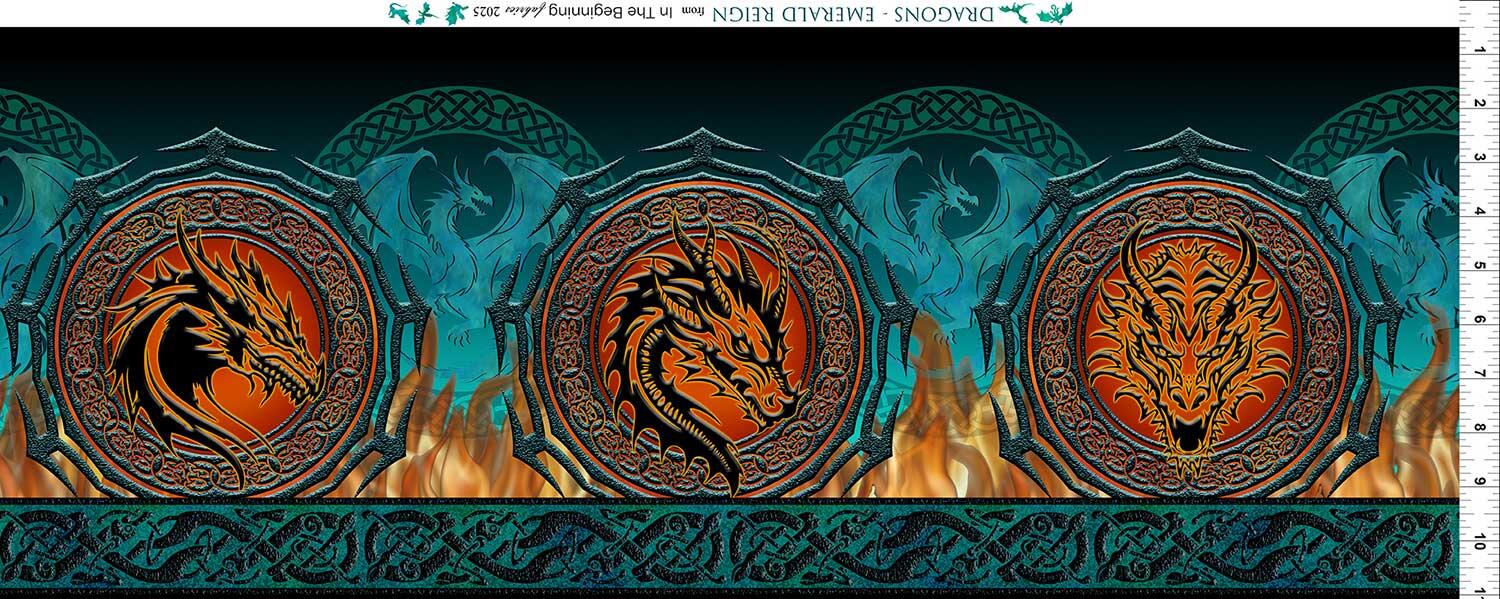 Dragons - Emerald Reign Border Stripe Multi Yardage - Image 2