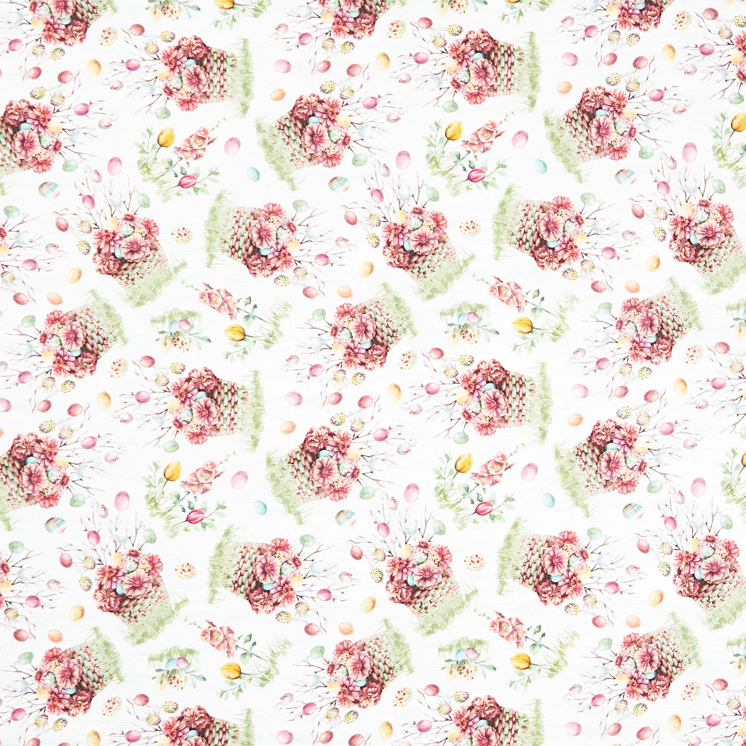 Easter Wishes - Floral Easter Baskets White Yardage