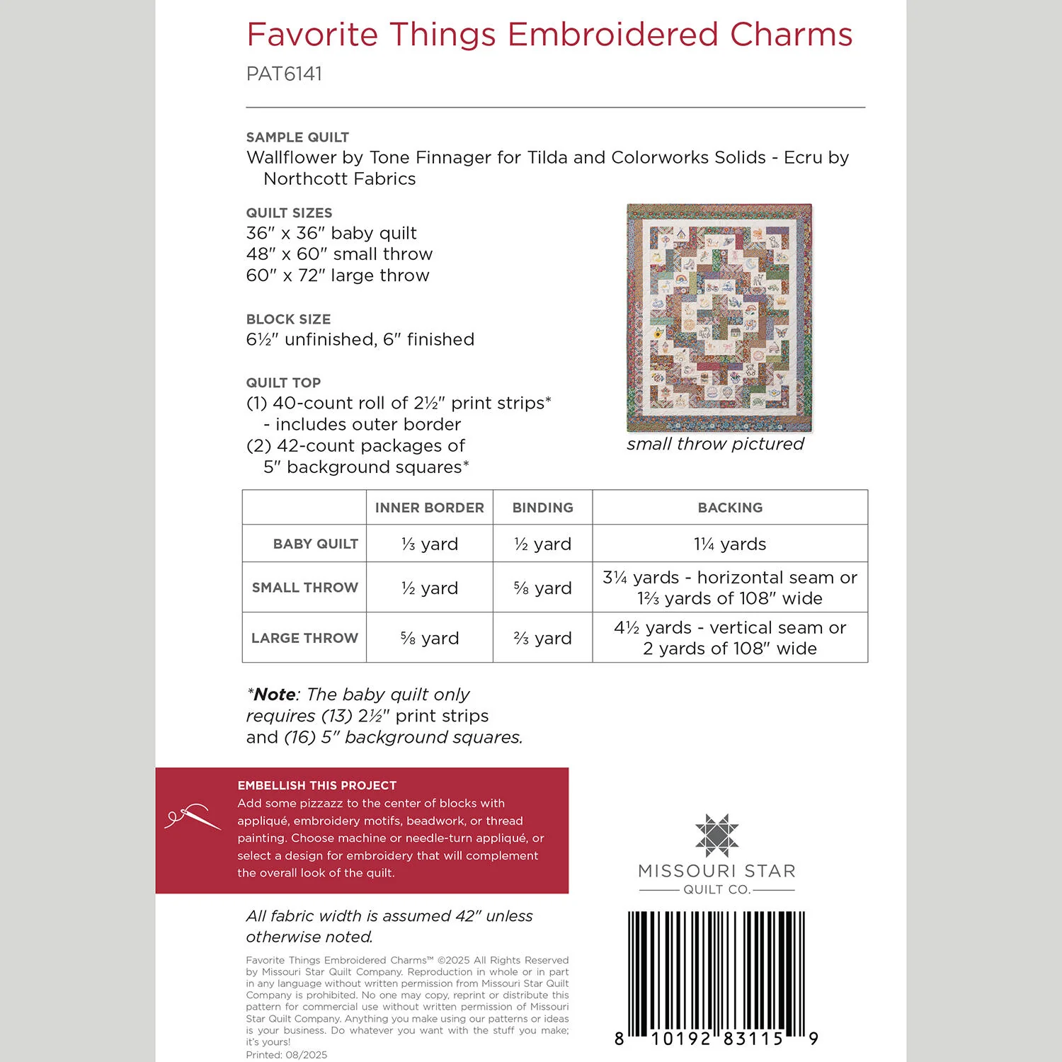 Favorite Things Embroidered Charms Quilt Pattern by Missouri Star - Image 2