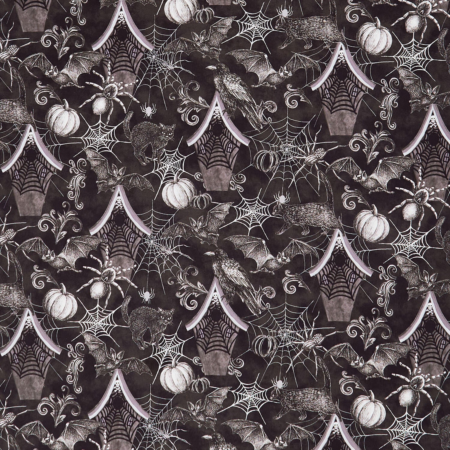 Fear Factory - Haunted House and Motif Allover Black Yardage