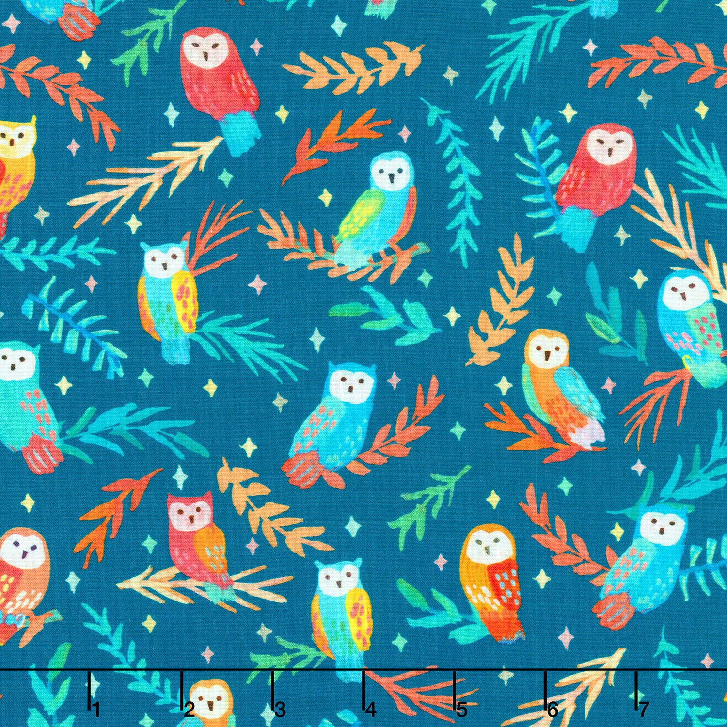 Garden Lights - Owls Teal Blue Yardage