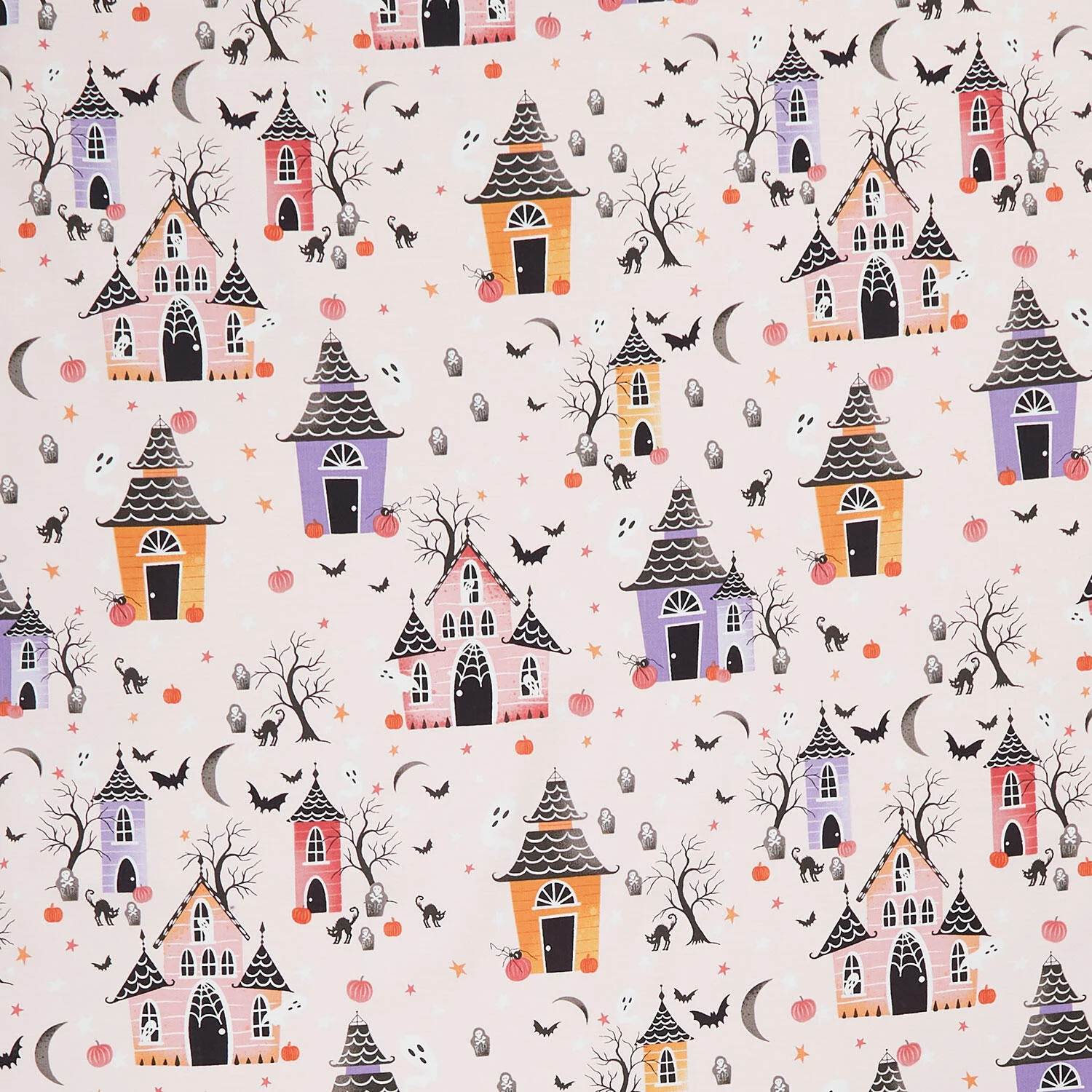 Ghostly Greetings - Haunted Houses Light Pink Yardage
