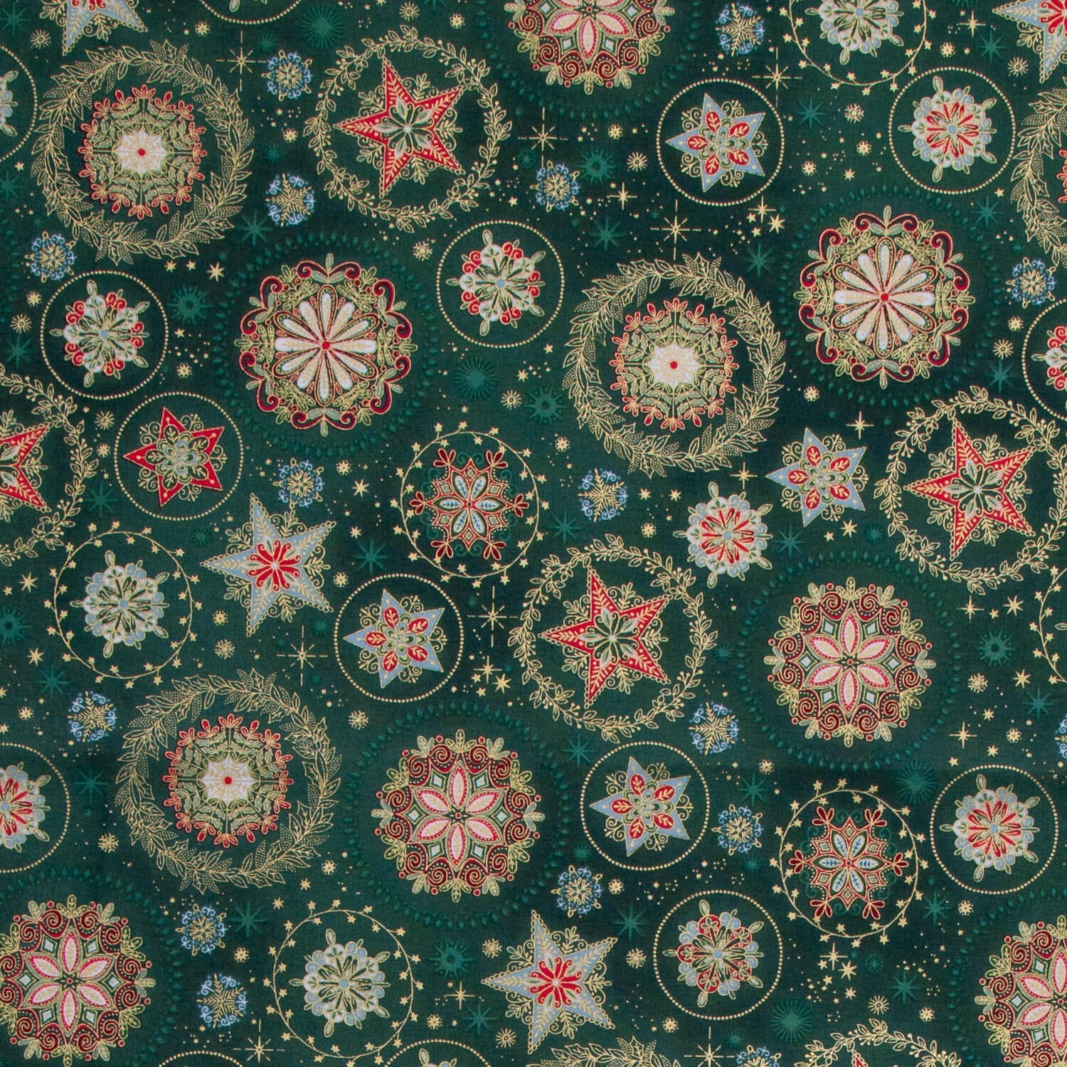 Good Tidings - Snow Crystal Green Metallic Yardage