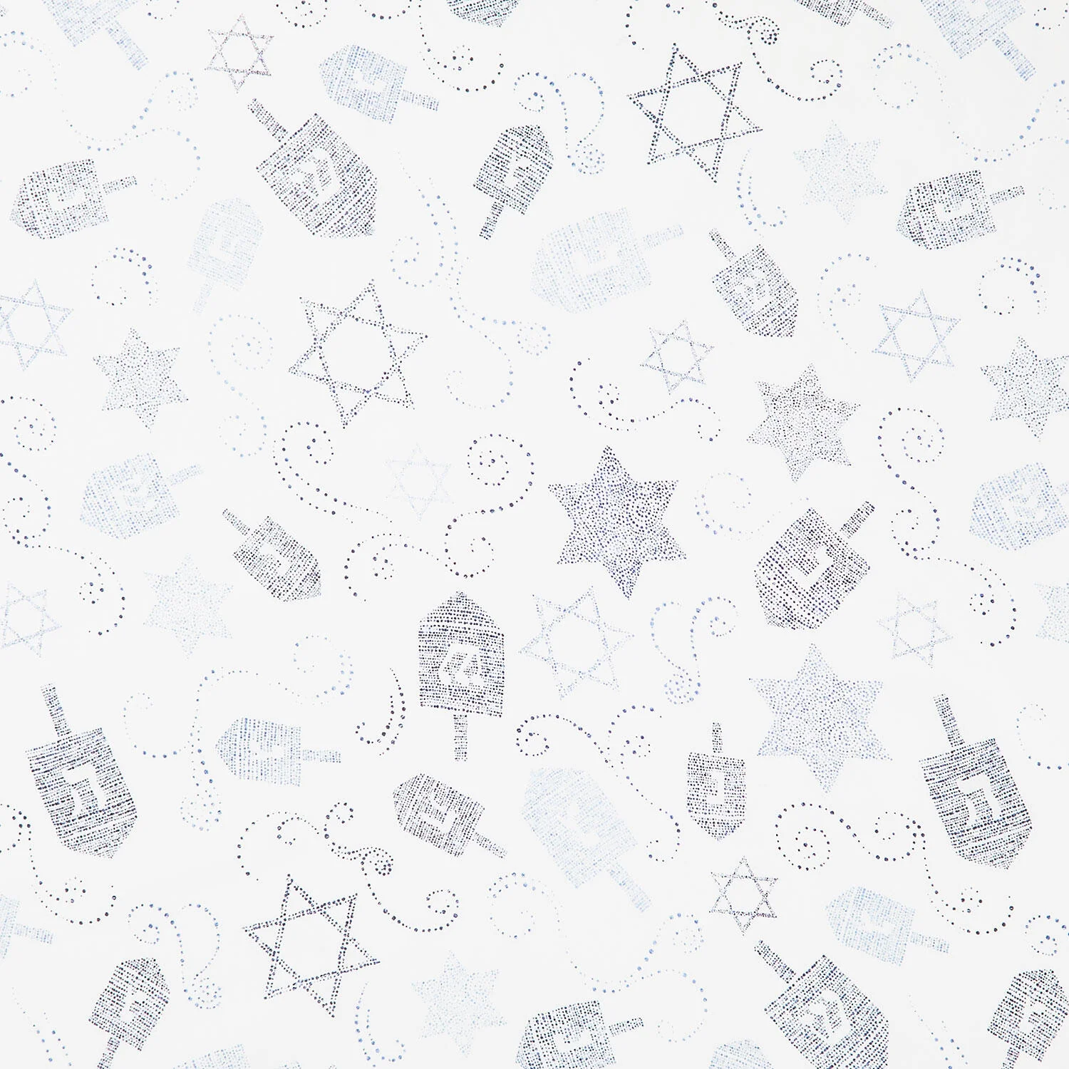 Hanukkah Lights - Tossed Dreidels and Stars of David White-Blue Yardage