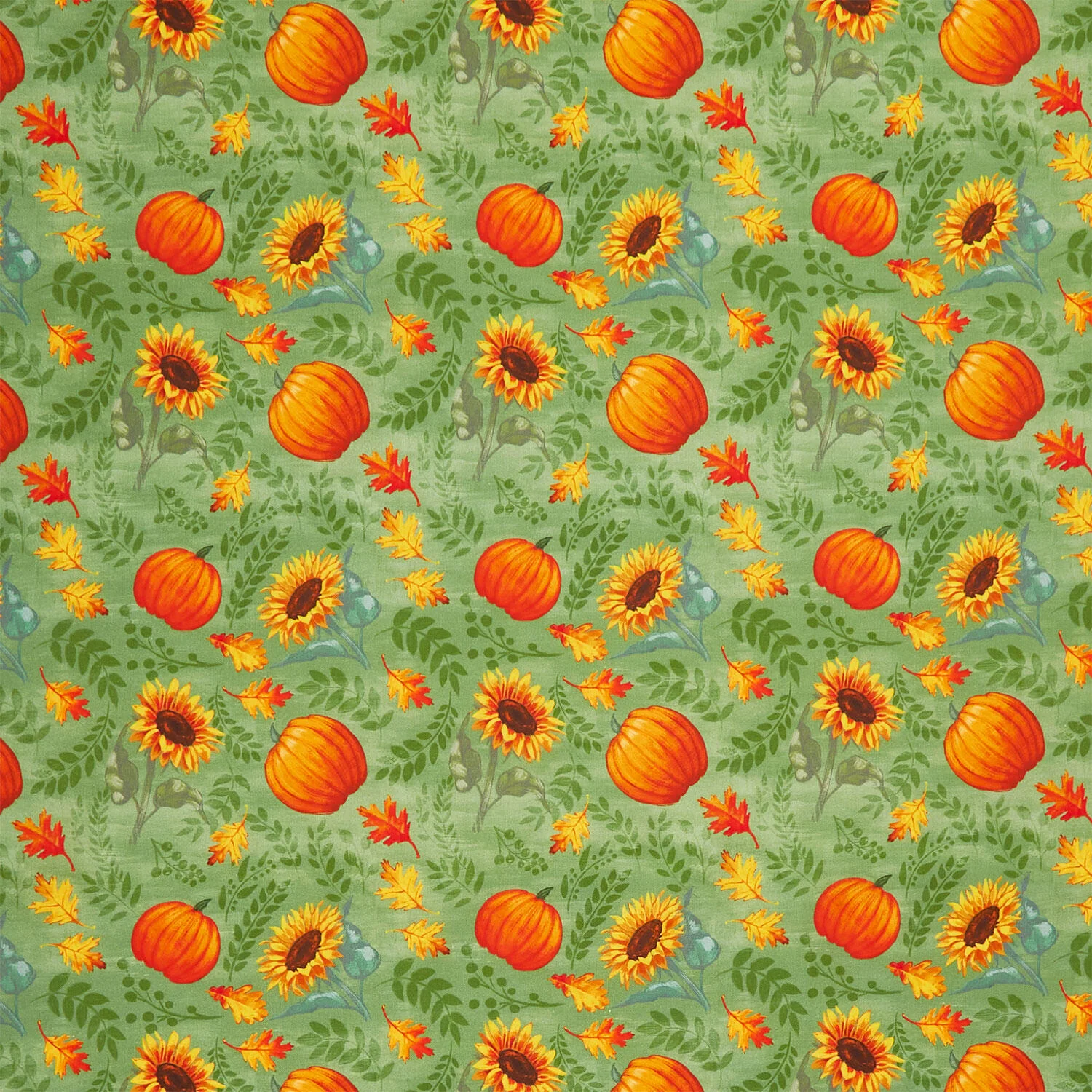 Harvest Delight - Sunflowers & Pumpkins Green Yardage