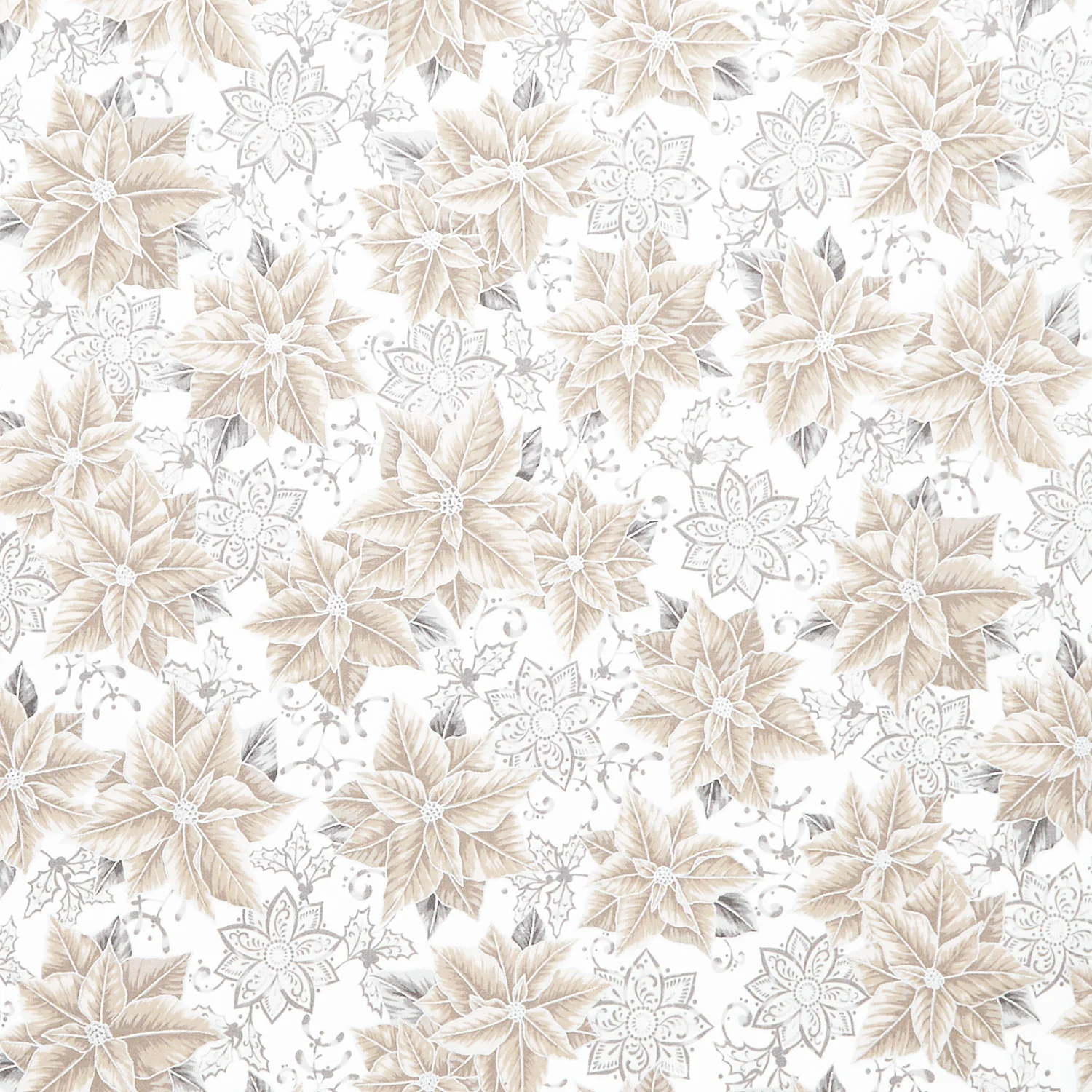 Holiday Flourish - Festive Finery Taupe Colorstory Poinsettias Blanc Metallic Yardage