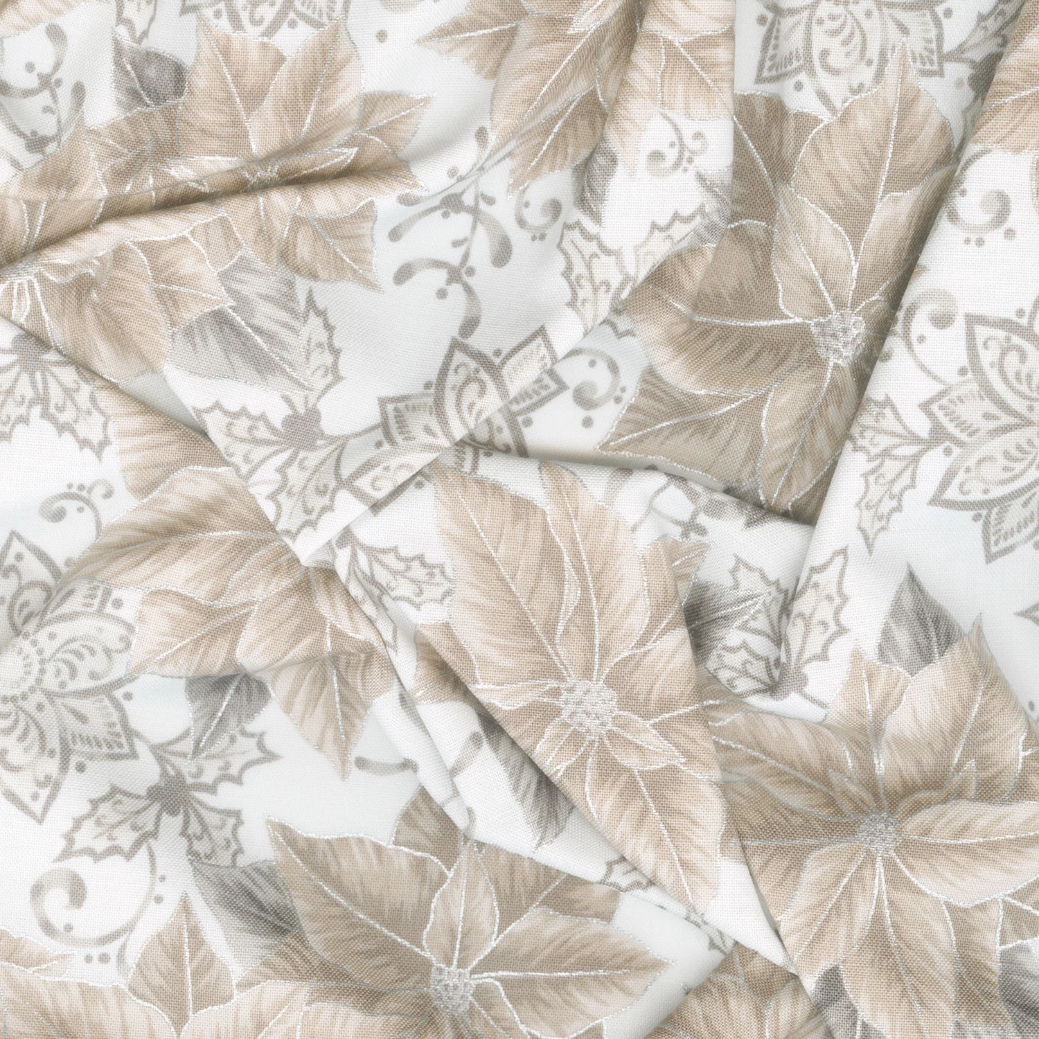 Holiday Flourish - Festive Finery Taupe Colorstory Poinsettias Blanc Metallic Yardage - Image 2