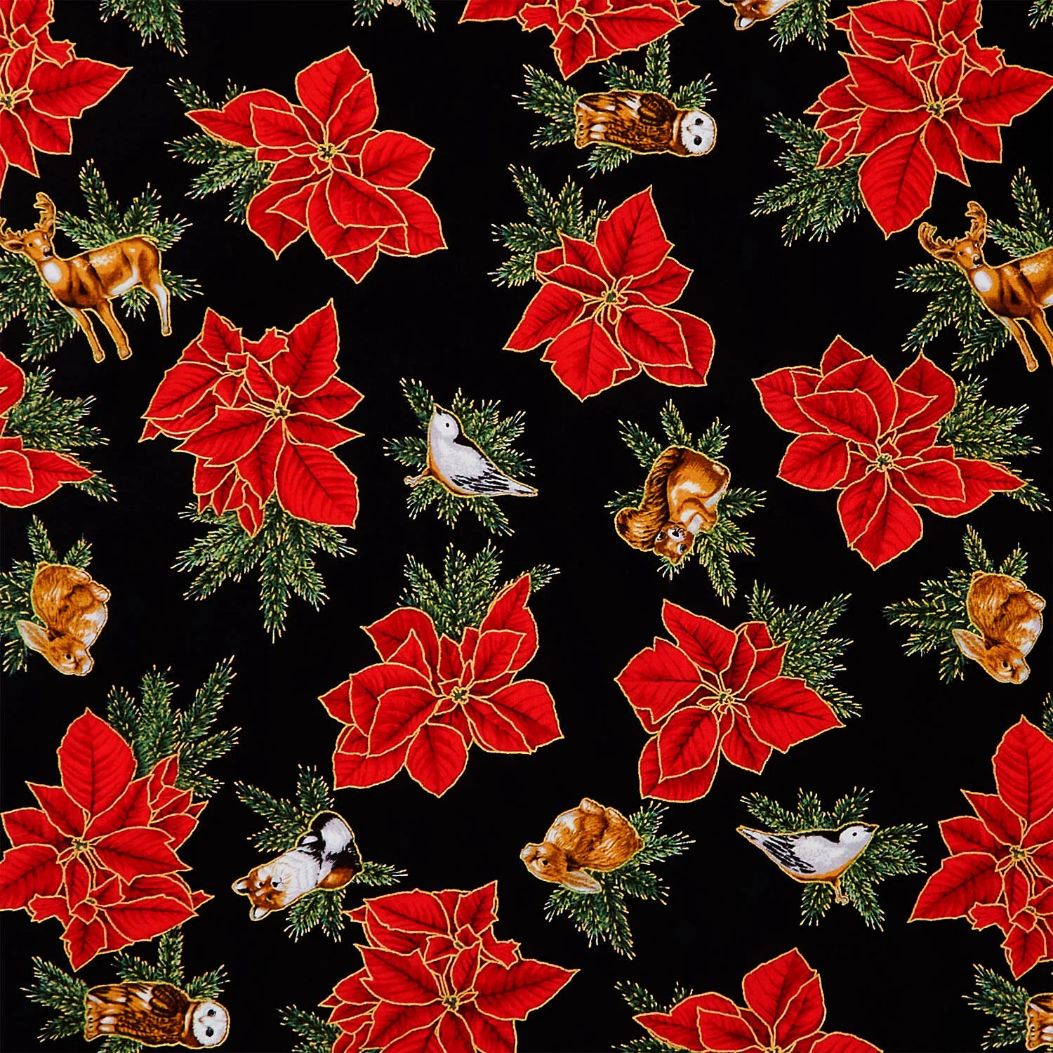 Holiday Flourish - Forest Glen Tossed Poinsettias Woodland Animals Black Metallic Yardage - Image 2