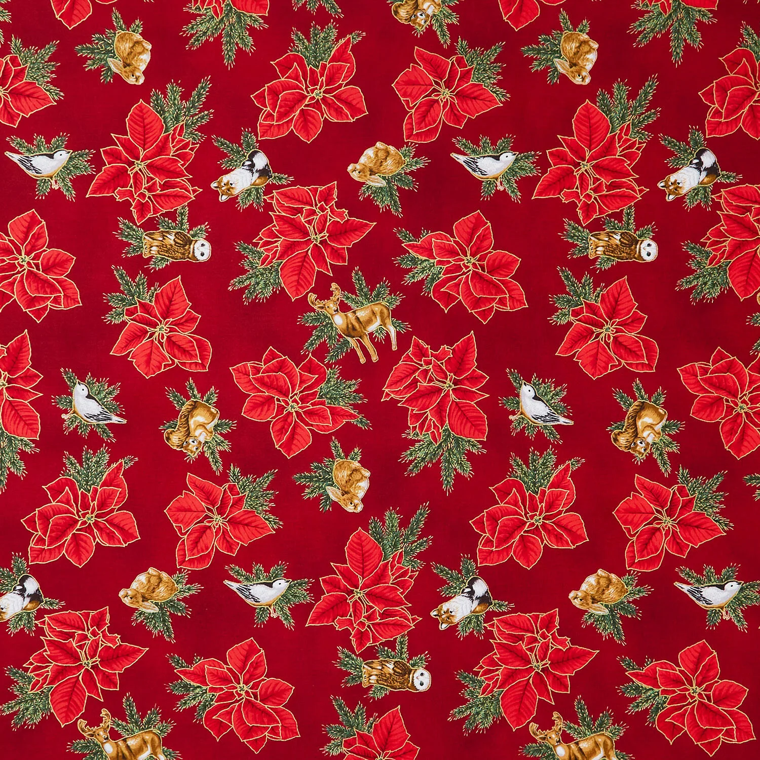 Holiday Flourish - Forest Glen Tossed Poinsettias Woodland Animals Cranberry Metallic Yardage