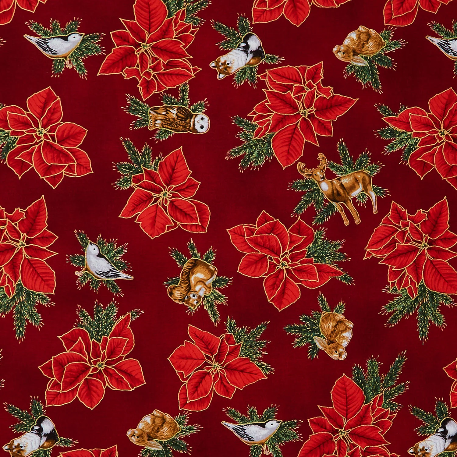 Holiday Flourish - Forest Glen Tossed Poinsettias Woodland Animals Cranberry Metallic Yardage - Image 2
