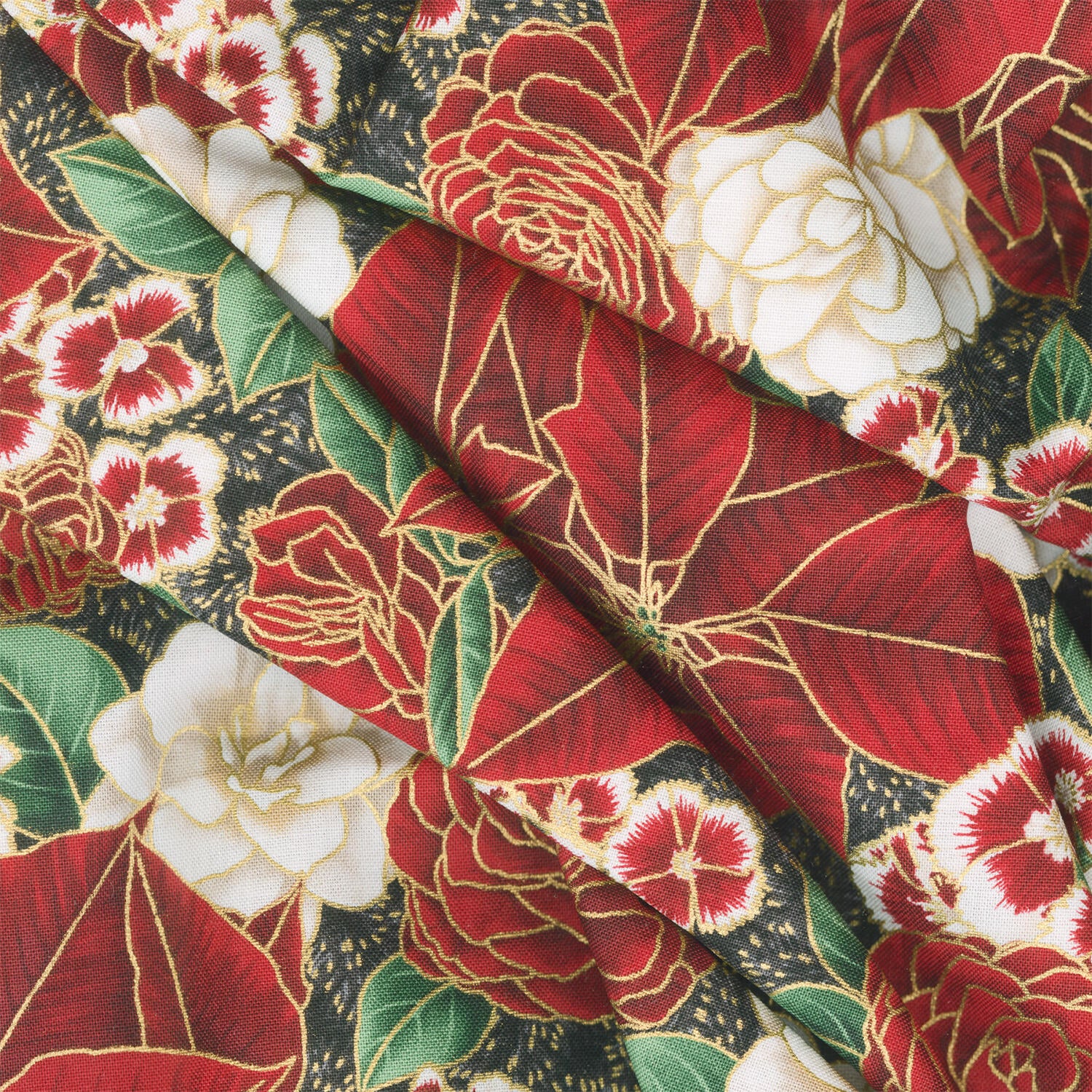 Holiday Flourish Peppermint Twist - Flowers Black Metallic Yardage - Image 2