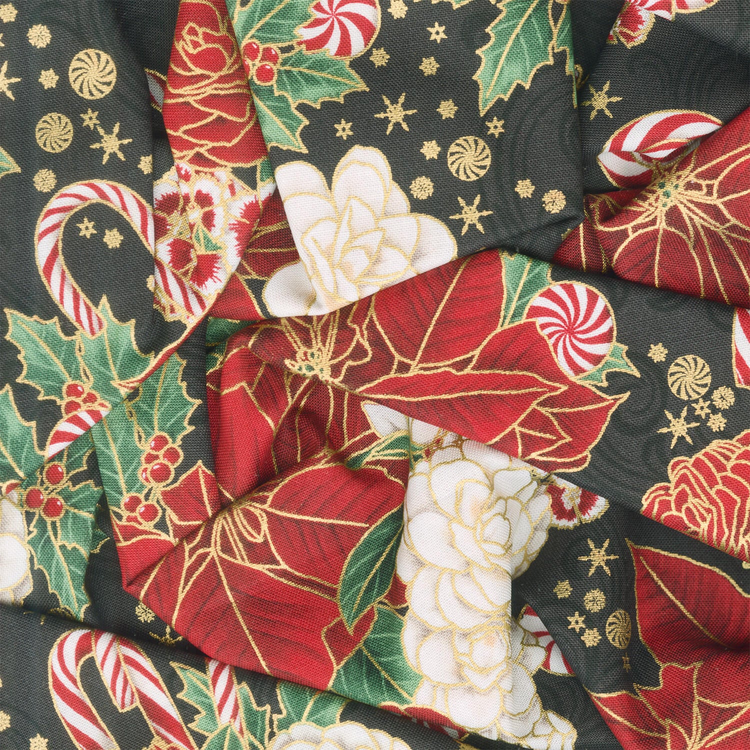 Holiday Flourish Peppermint Twist - Poinsettias Black Metallic Yardage - Image 2
