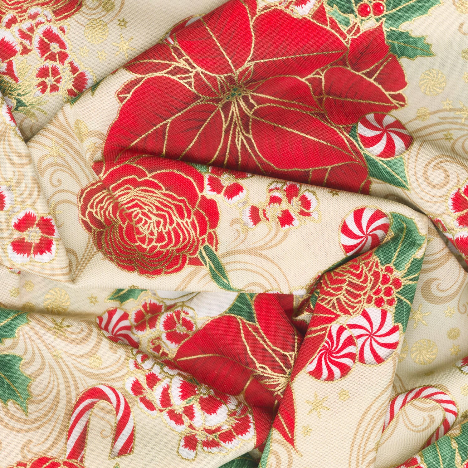 Holiday Flourish Peppermint Twist - Poinsettias Cream Metallic Yardage - Image 2