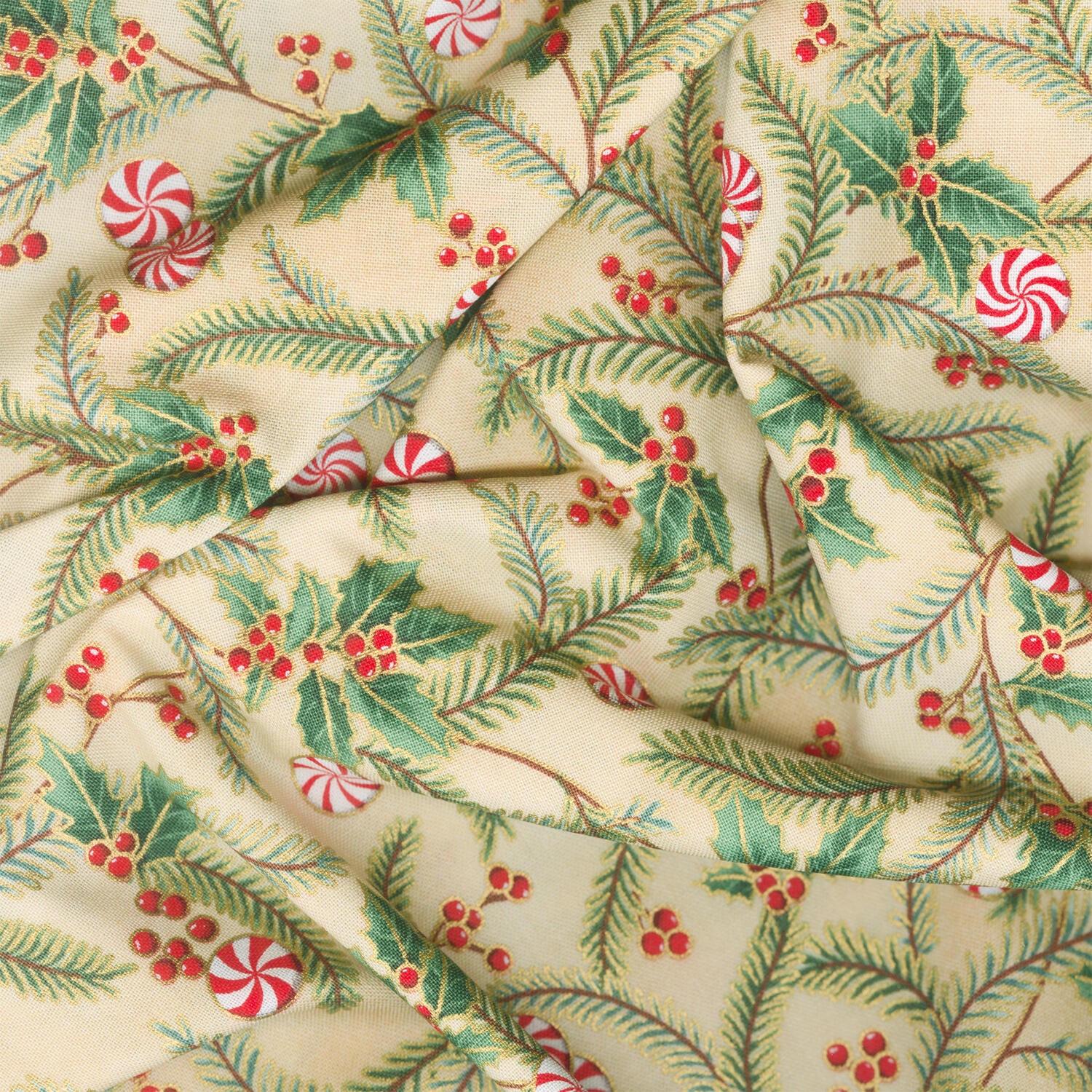 Holiday Flourish Peppermint Twist - Sprigs Cream Metallic Yardage - Image 2
