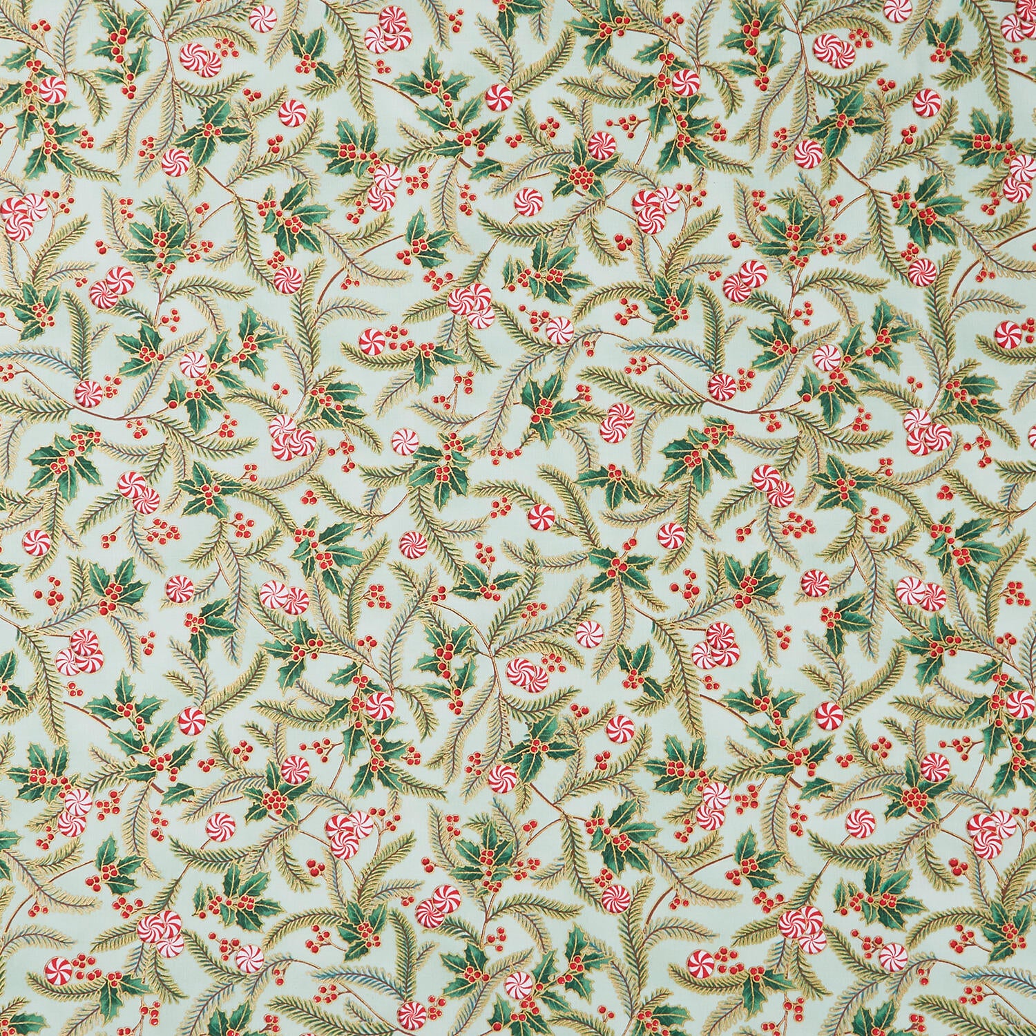 Holiday Flourish Peppermint Twist - Sprigs Sage Metallic Yardage