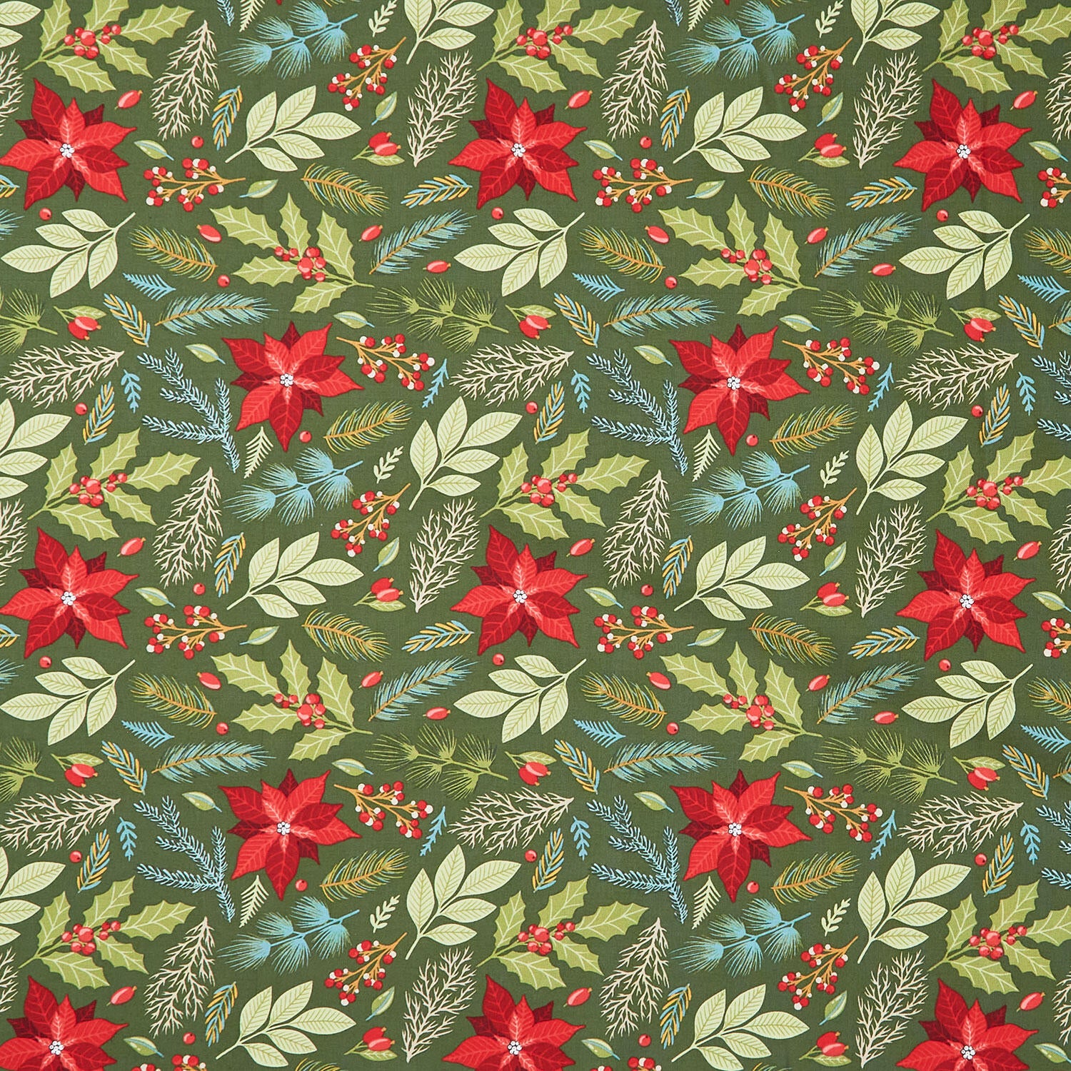 Holly Jolly Calico - Poinsettia Floral Evergreen Yardage