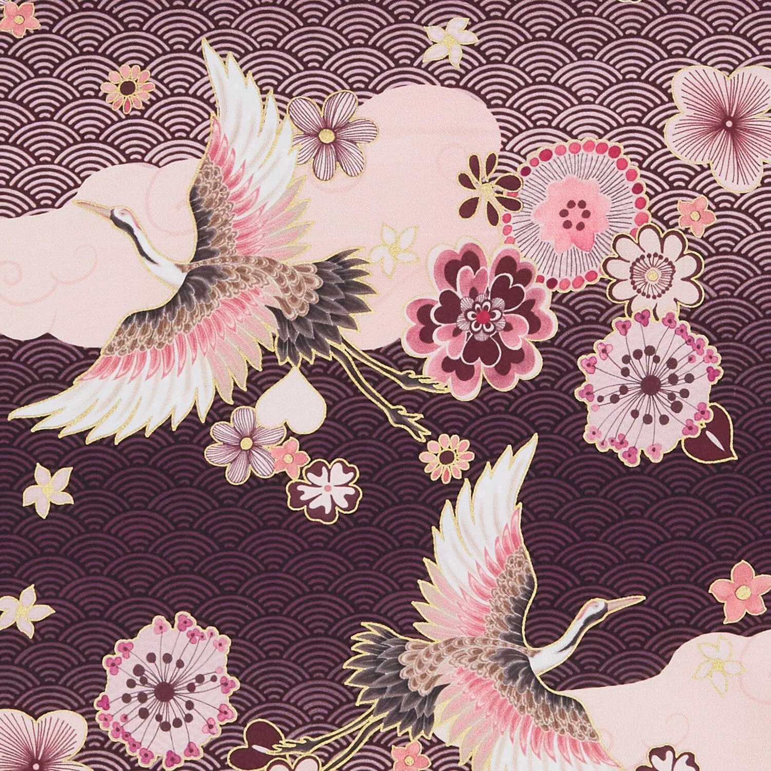 Imperial Collections - Graceful Cranes Cranes and Blossoms Waves Plum Metallic Yardage - Image 2