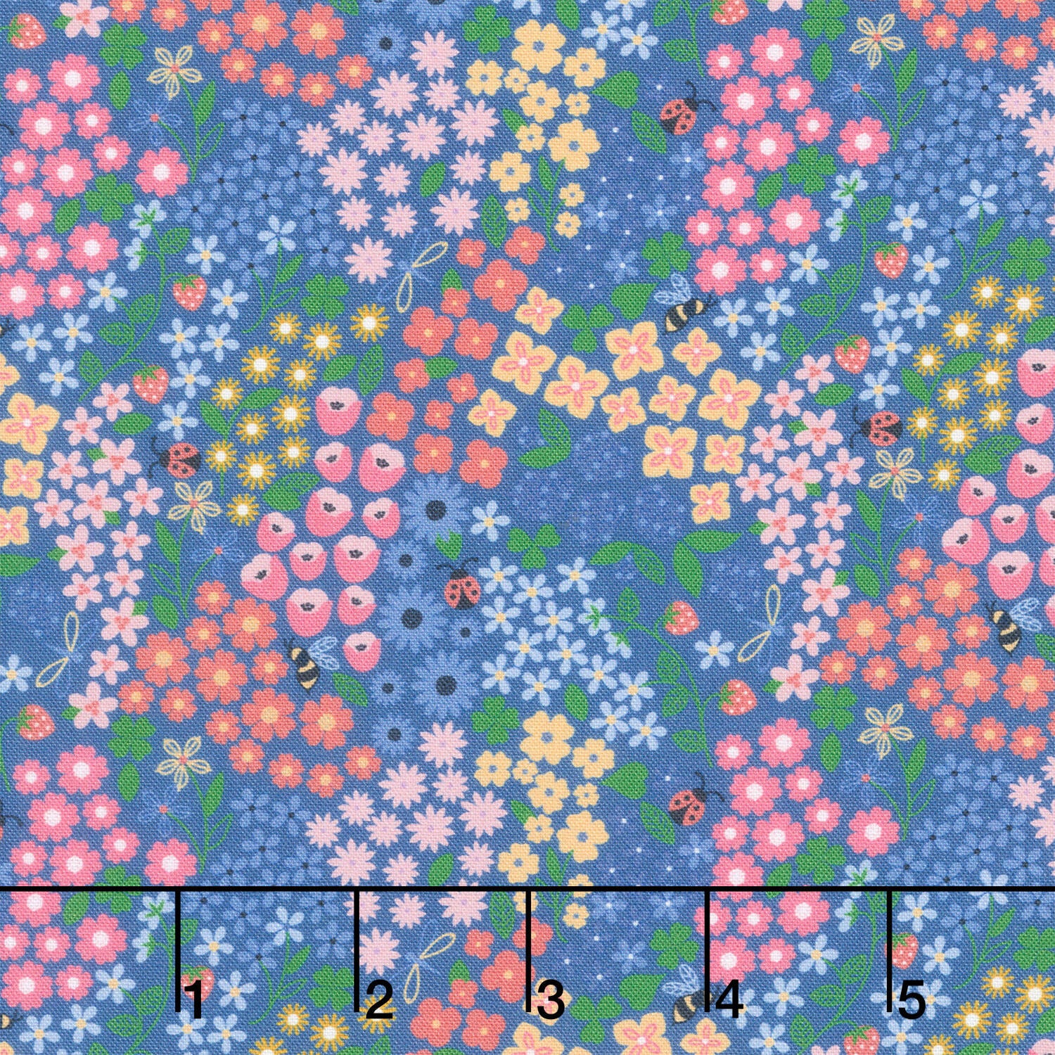 Ingrid's Wildflowers - Packed Flowers and Bugs Blue Yardage