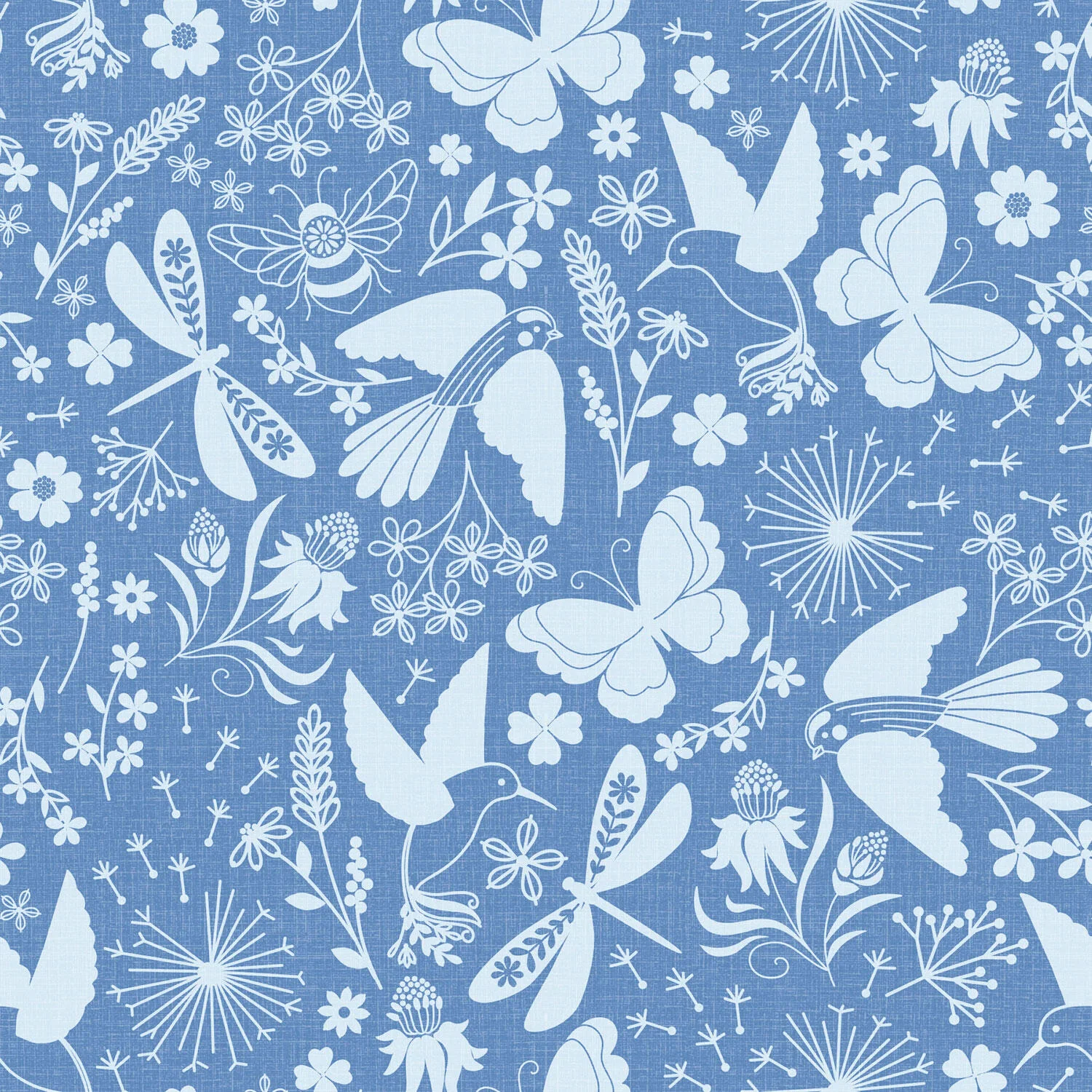 Ingrid's Wildflowers - Packed Tonal Birds and Insects Blue 108" Wide Backing 3 yd Cut - Image 2