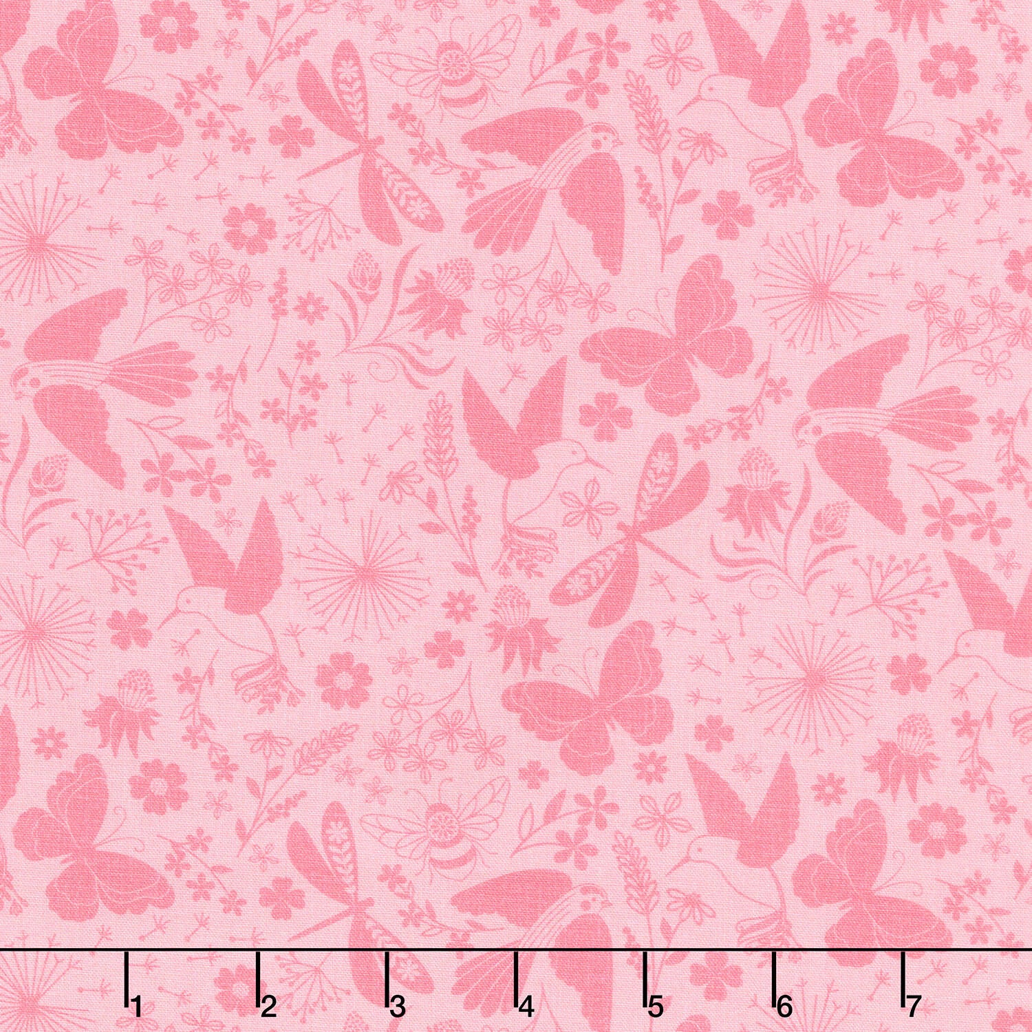 Ingrid's Wildflowers - Packed Tonal Birds and Insects Pink Yardage