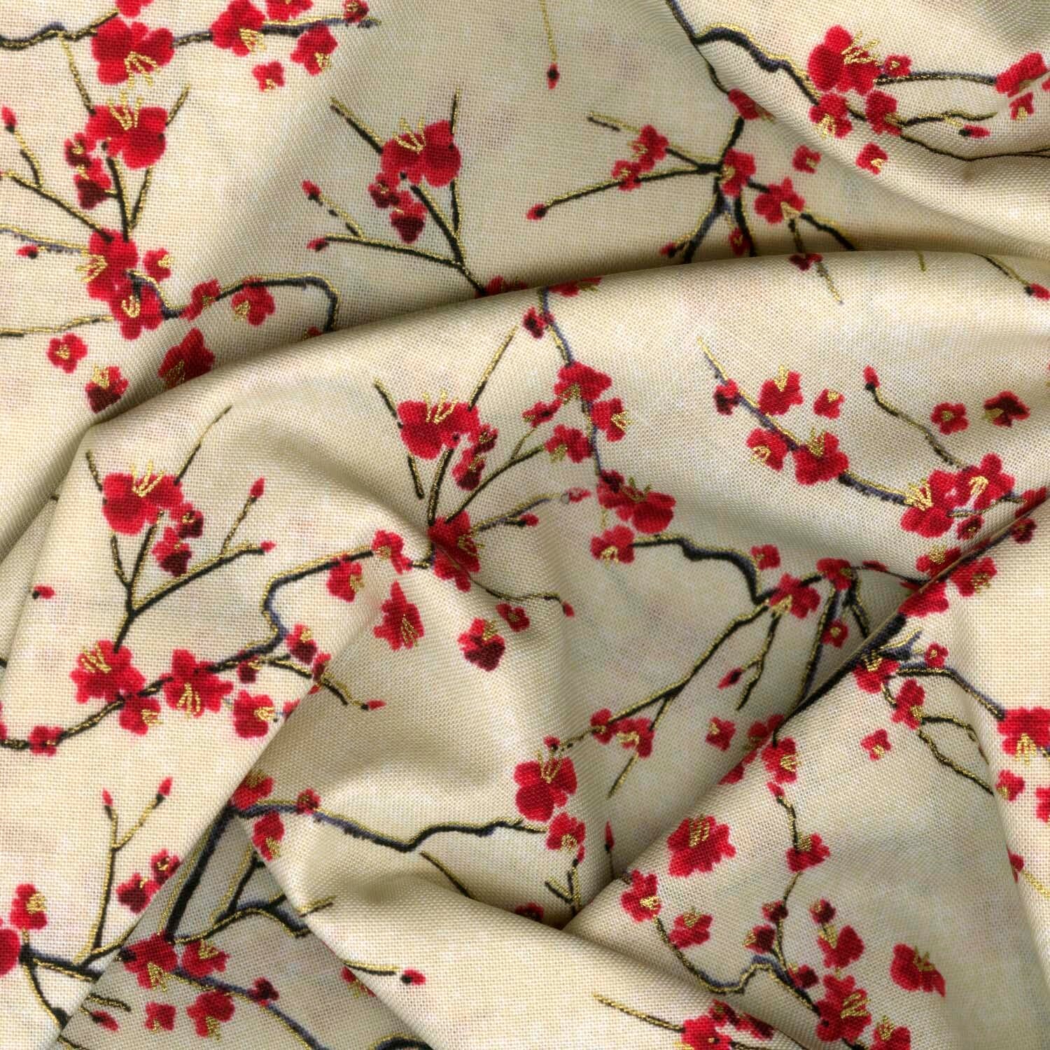 Lotus Garden - Cherry Blossom Branches Cream Metallic Yardage - Image 2
