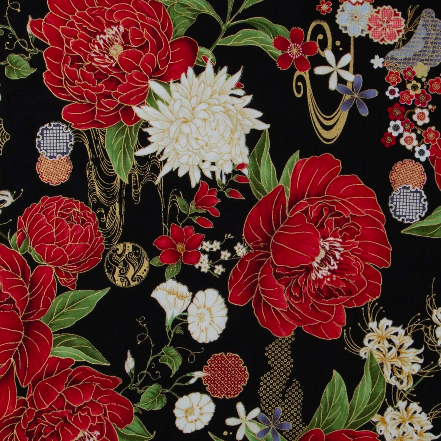 Lotus Garden - Lotus Floral Black Metallic Yardage