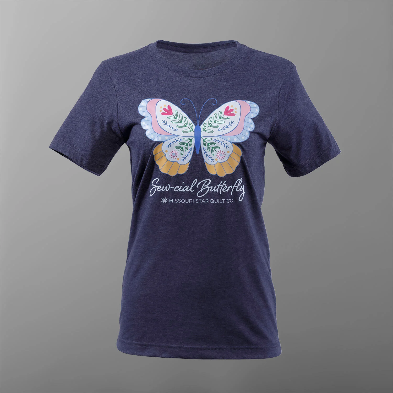 Missouri Star Sew-cial Butterfly T-shirt - Heather Midnight Navy - Image 6