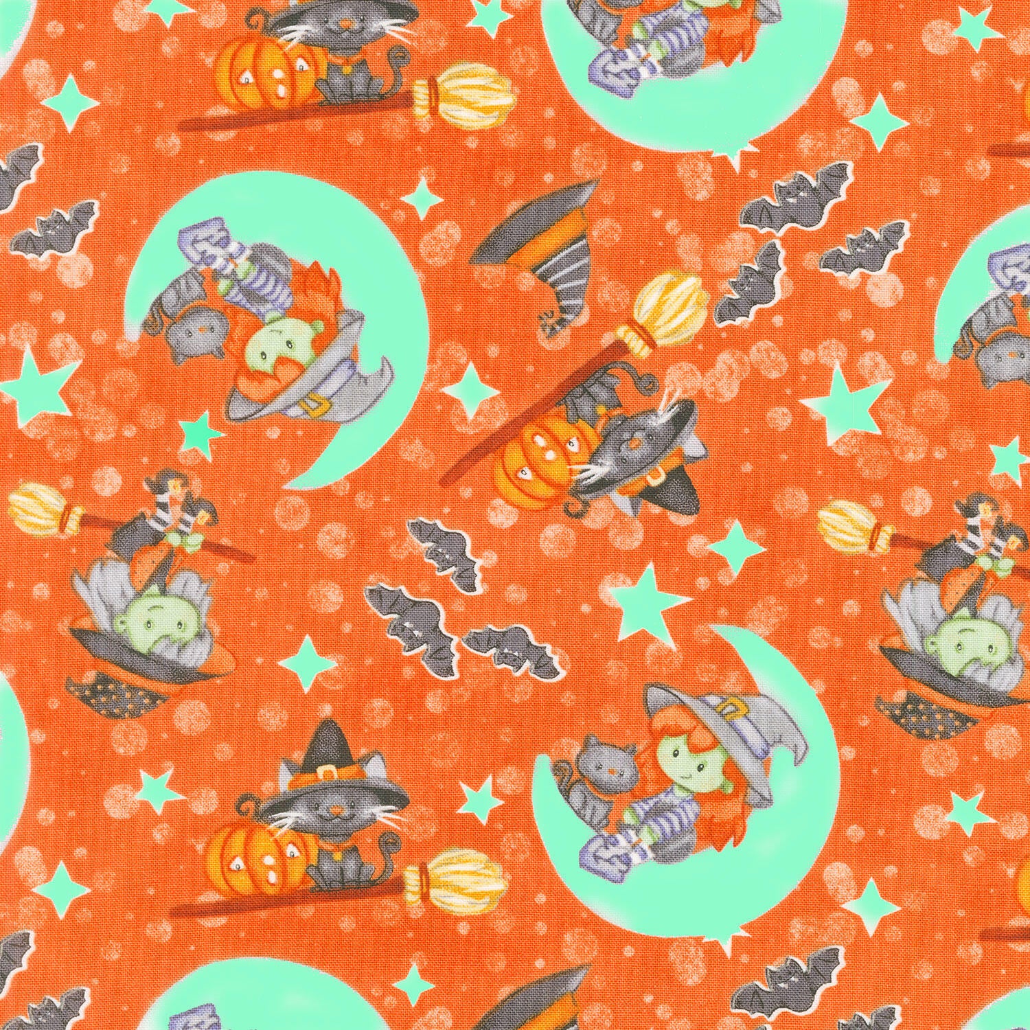 Moonlight Mischief - Witch & Cat on Moon Glow in the Dark Orange Yardage - Image 2