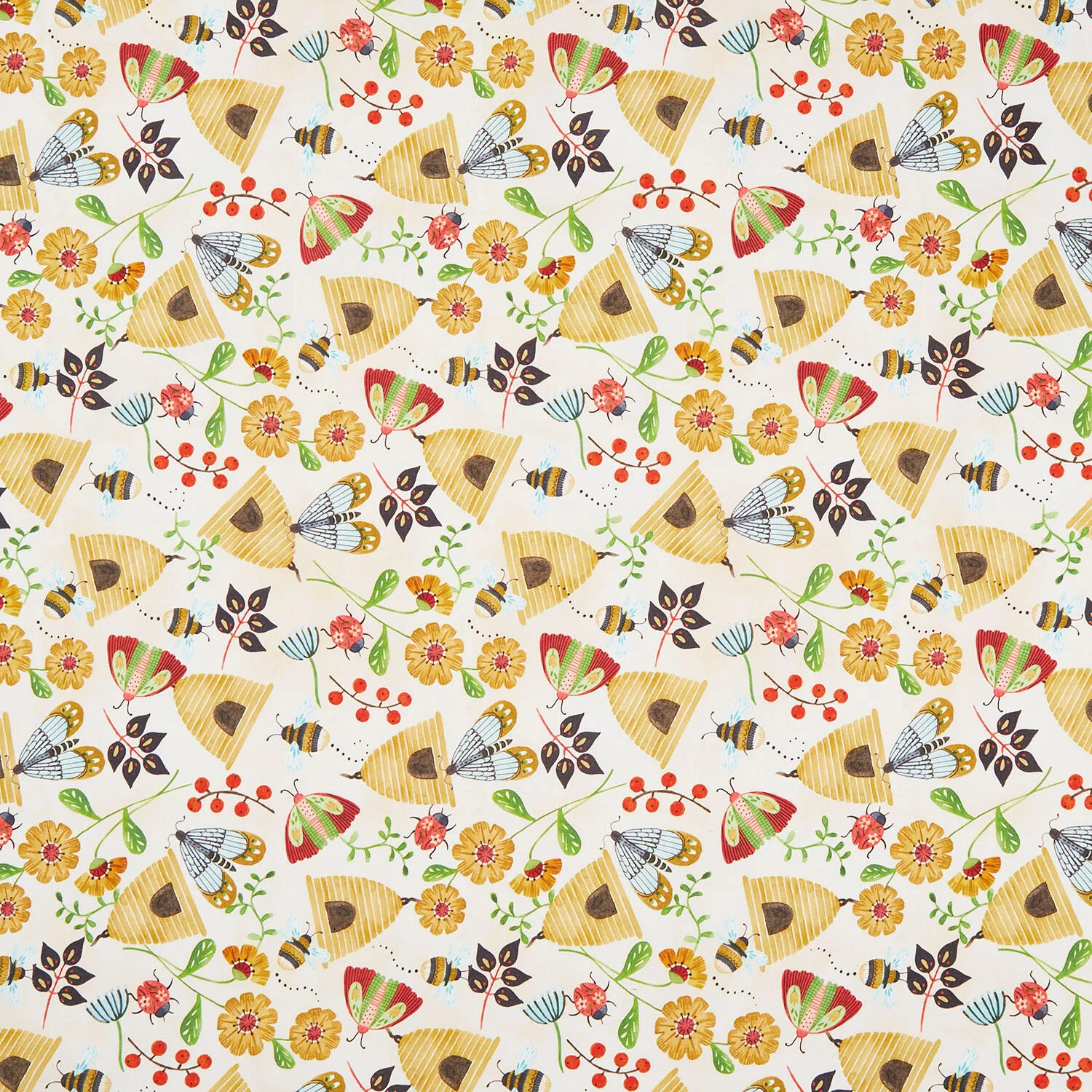 Nature's Symphony - Beehives and Flowers Pale Yellow Yardage