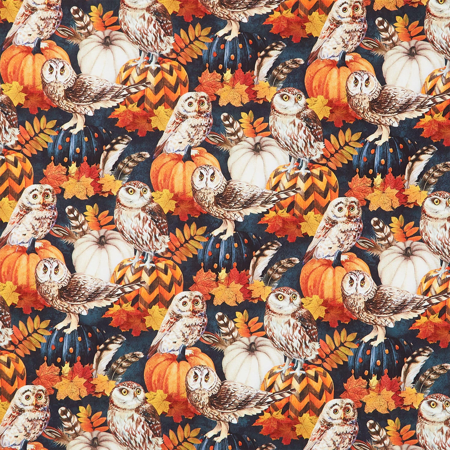 Night Owl - Owl & Feathers Charcoal Multi Yardage