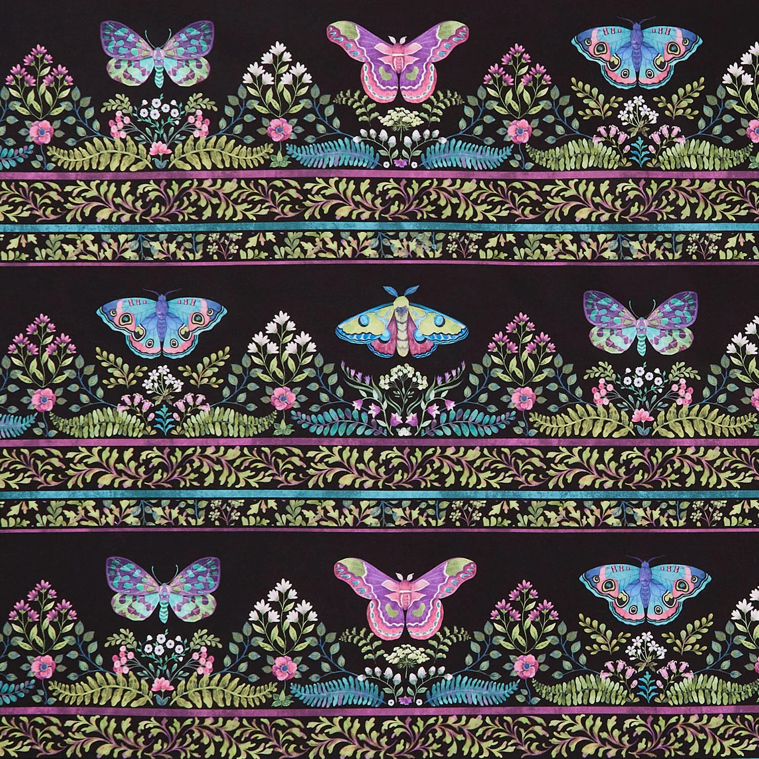 Nightshade - Butterfly Border Stripe Black Multi Yardage