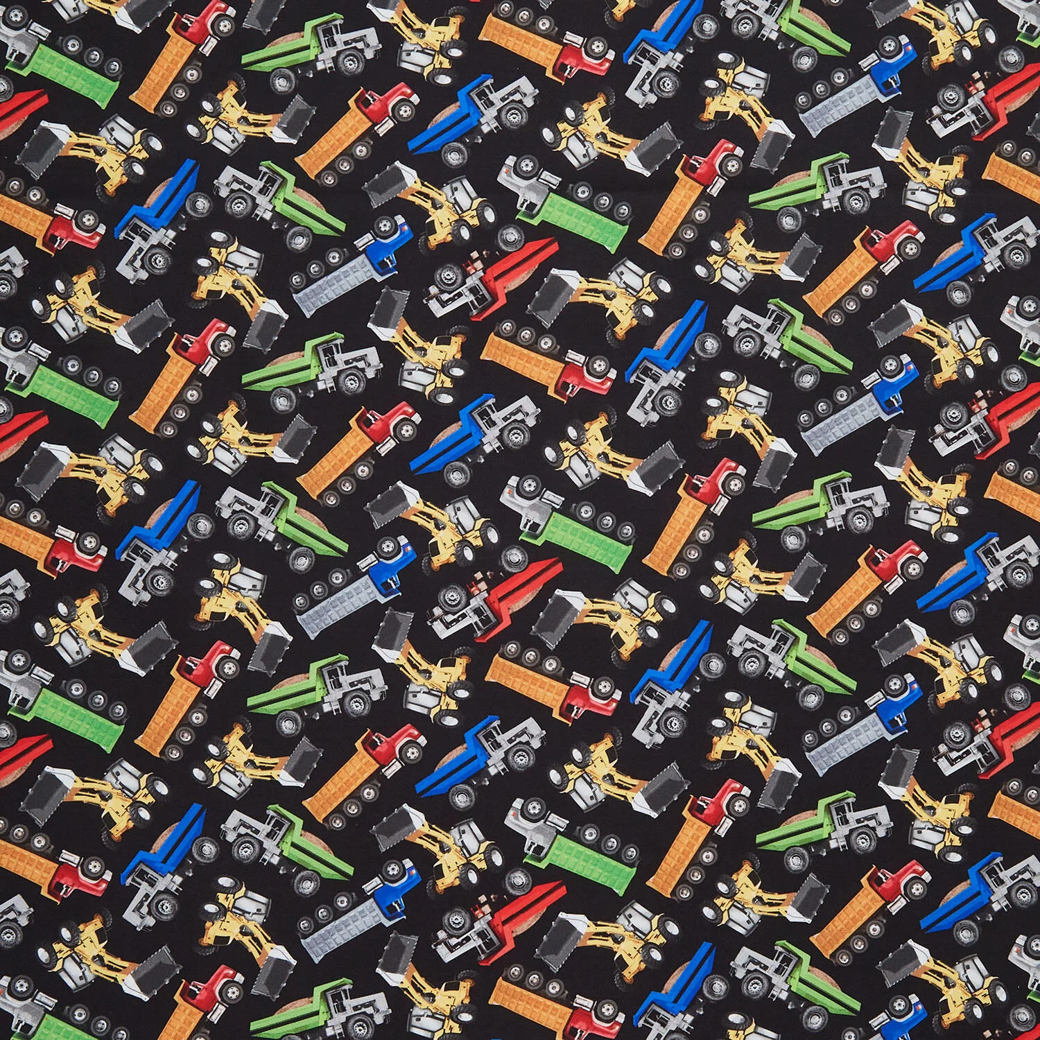 Novelty - Construction Vehicles Tossed Black Yardage