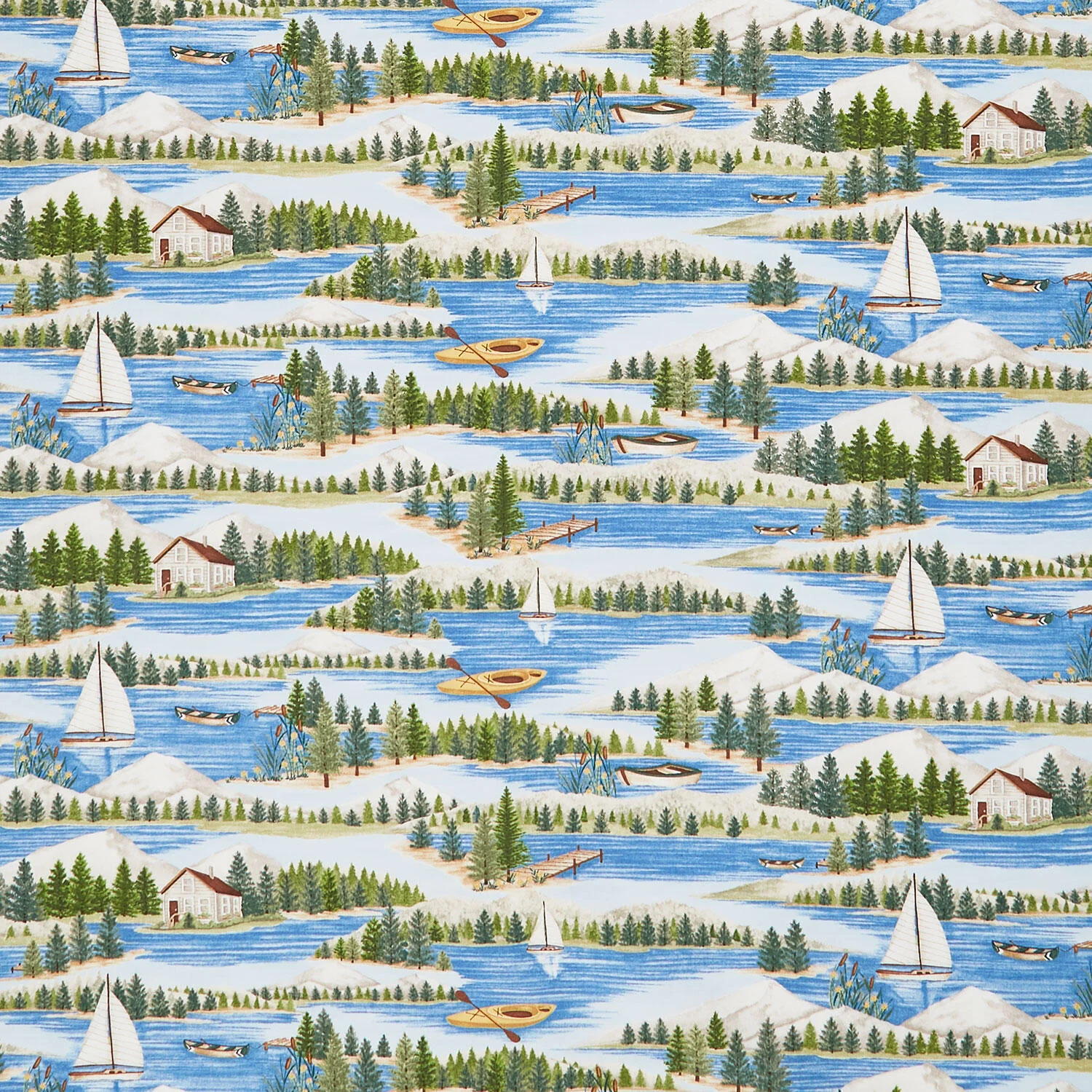 On Lake Time - Lake Scene Sky Blue Yardage