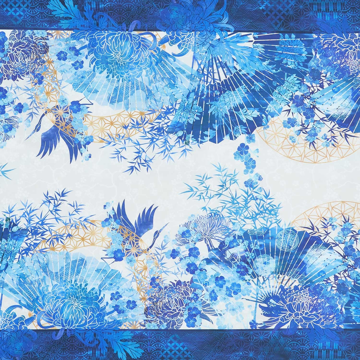 Oriental Gardens - Fan Border Stripe Blue Digitally Printed Yardage