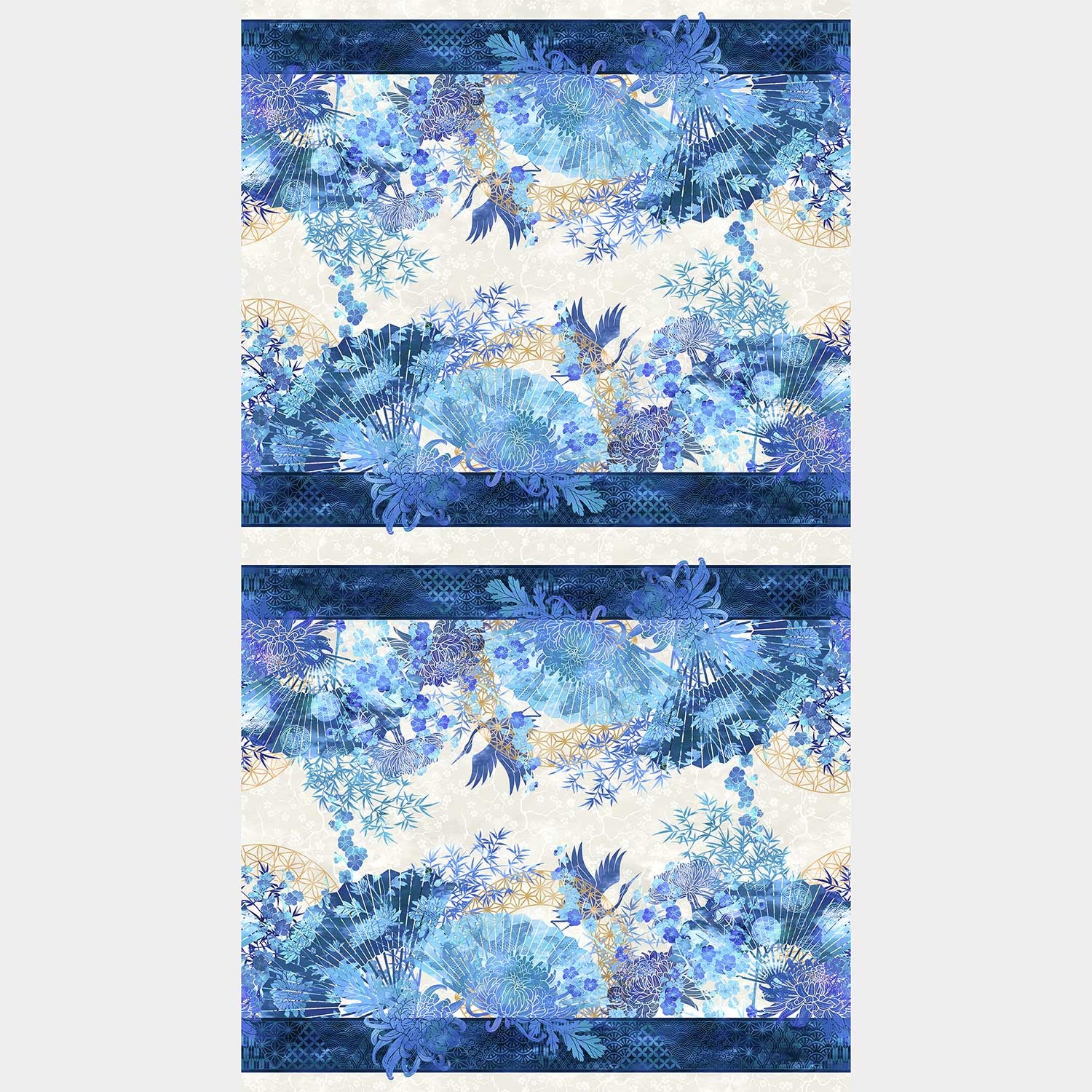 Oriental Gardens - Fan Border Stripe Blue Digitally Printed Yardage - Image 2