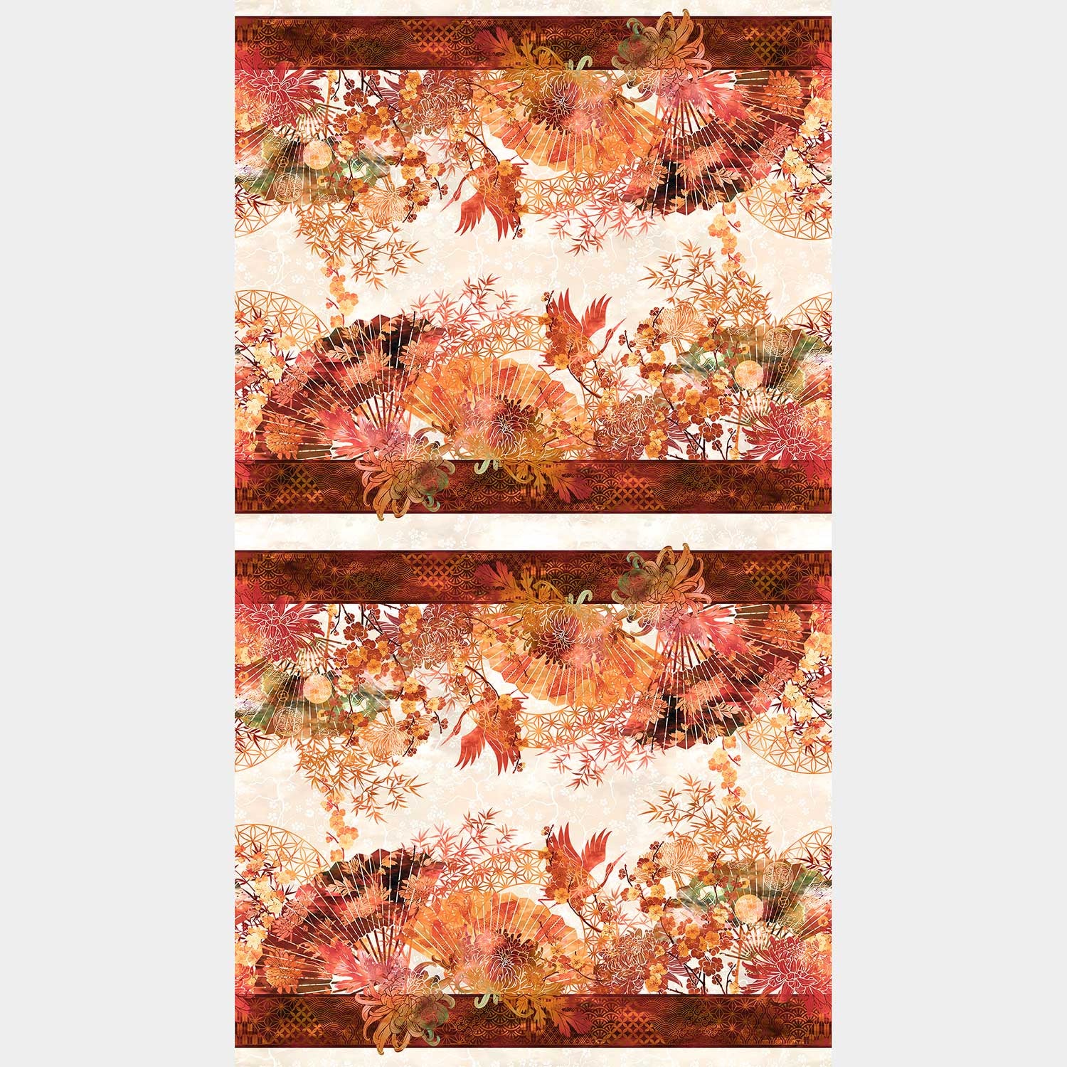 Oriental Gardens - Fan Border Stripe Red Digitally Printed Yardage - Image 2