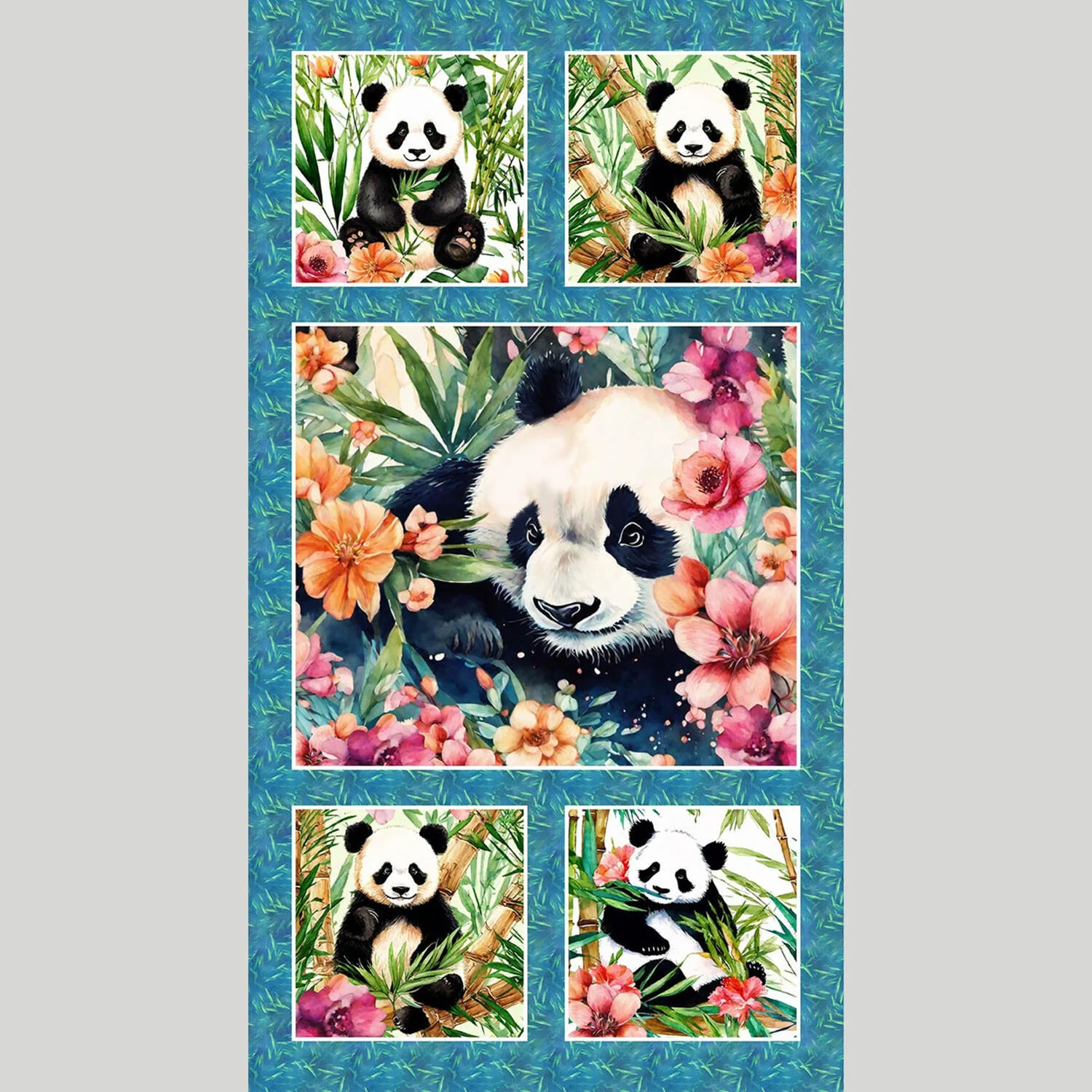 Panda Paradise - Pandas With Bamboo Teal Fabric Panel