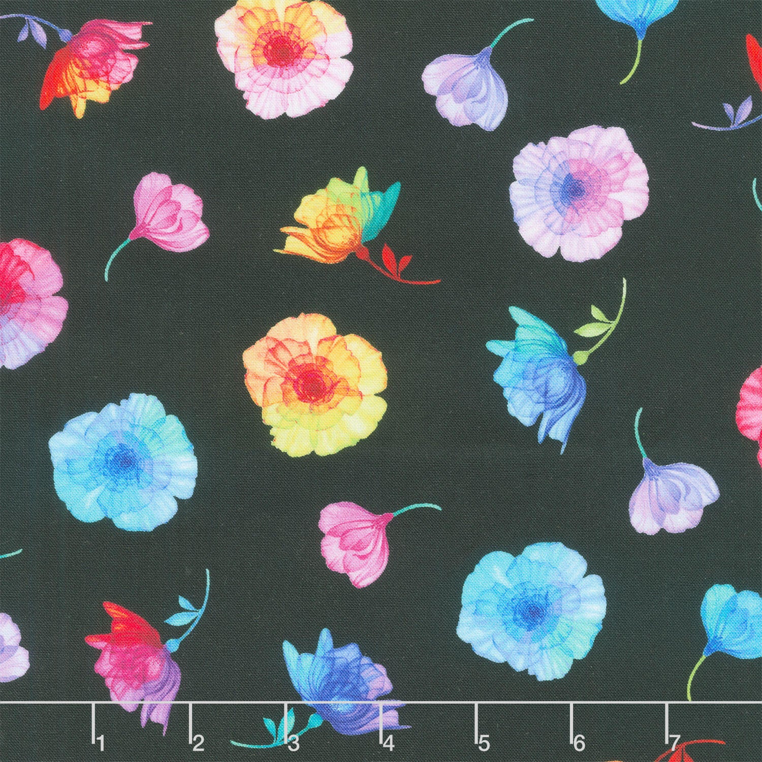 Petal Power - Tossed Flowers Black Yardage