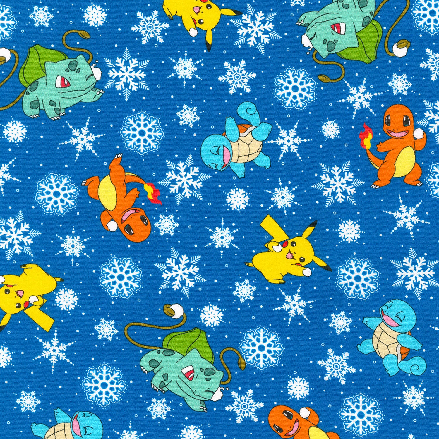 Pikachu's Holiday - Characters and Snowflakes Blue Yardage