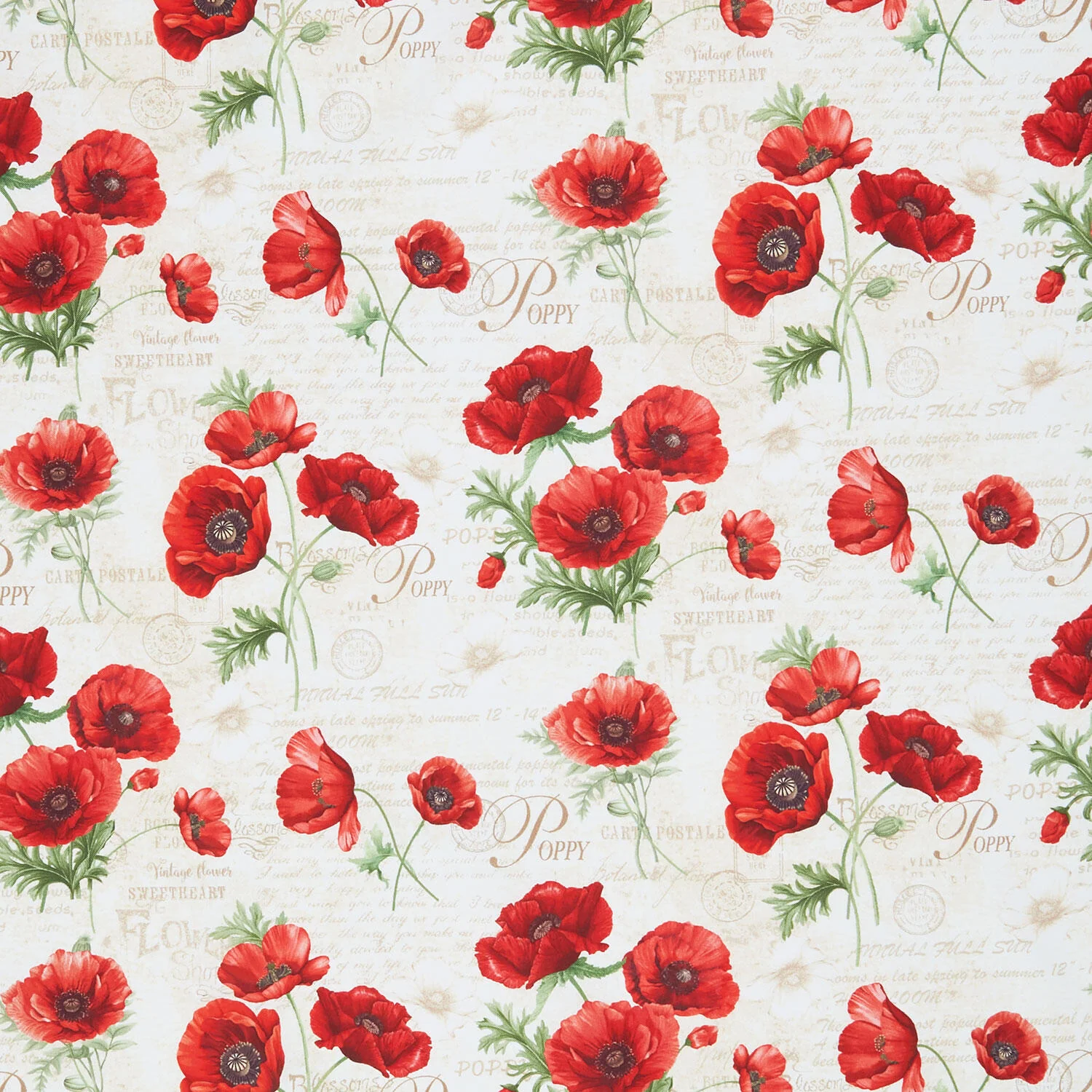 Poppy Passion - Poppy Floral & Text Cream Yardage