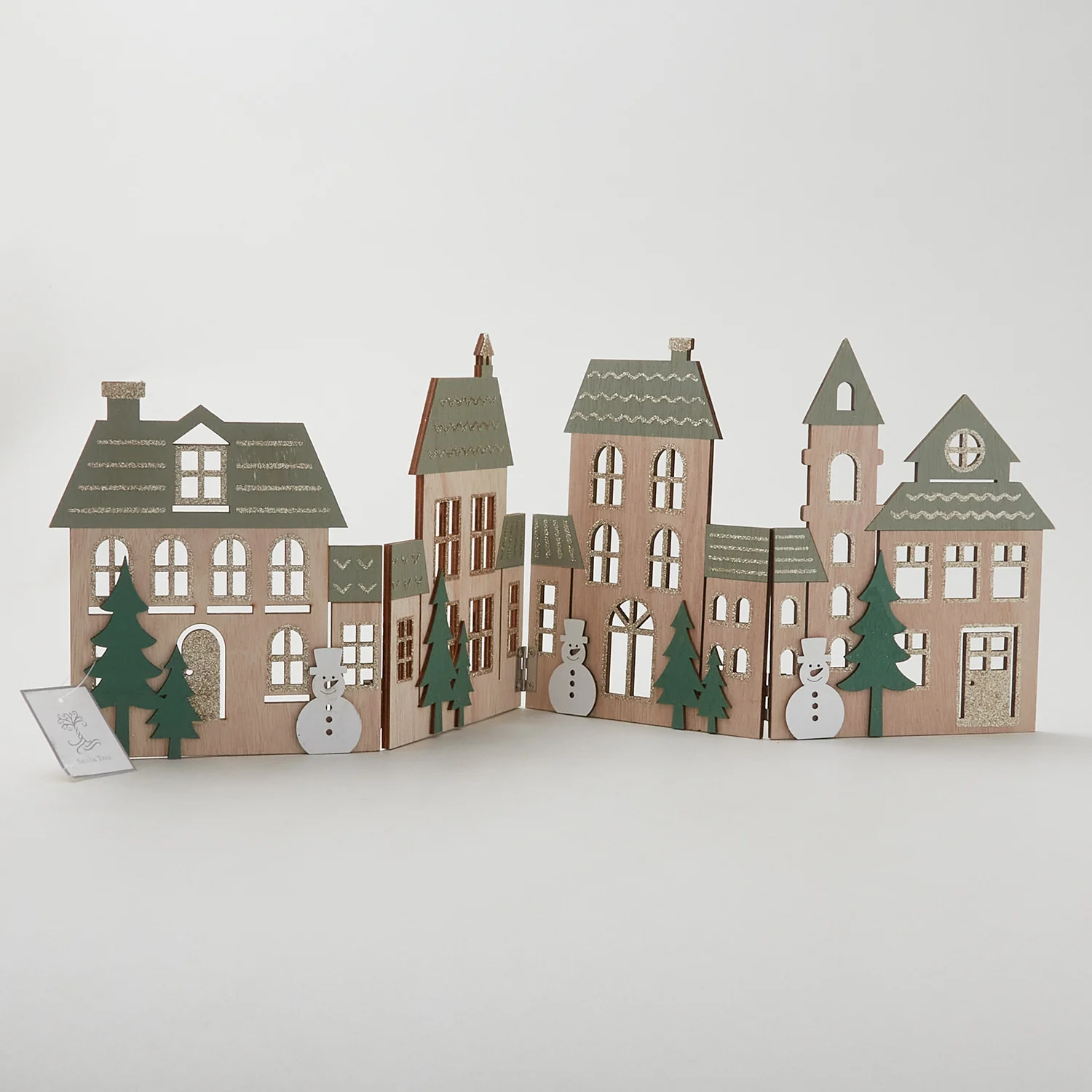 Printed Wood Foldable Village Scene with Tree and Snowmen - Image 2