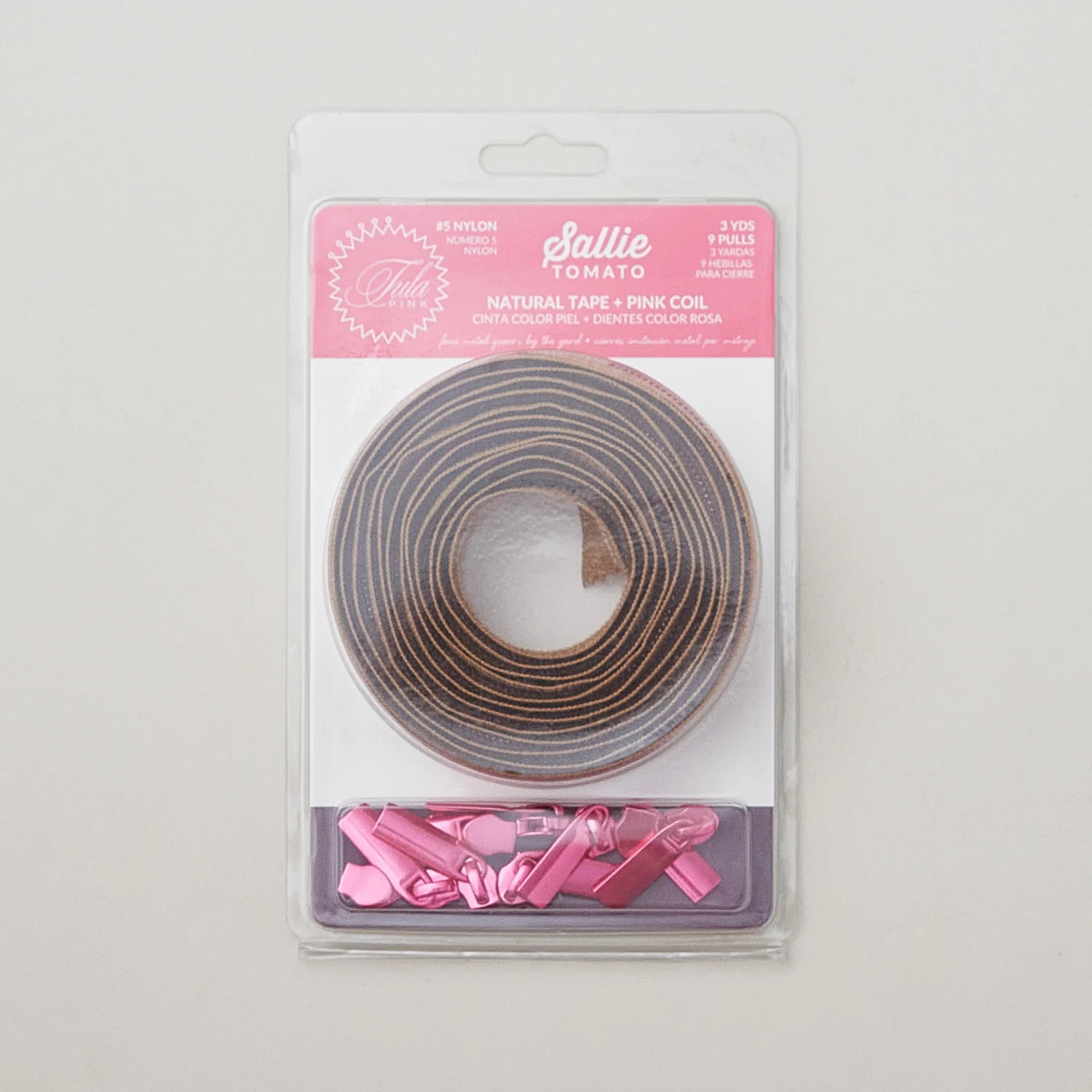 Sallie Tomato Tula Pink #5 Nylon Zipper Tape & Pulls - Natural with Pink Coil - Image 4