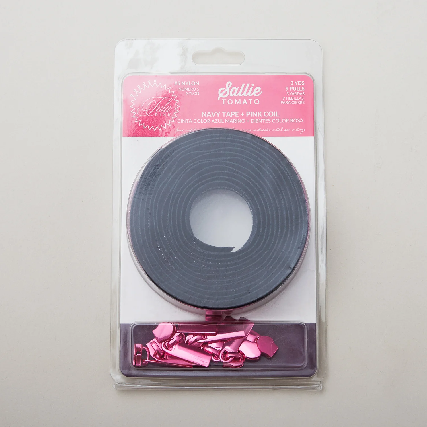 Sallie Tomato Tula Pink #5 Nylon Zipper Tape & Pulls - Navy with Pink Coil - Image 4