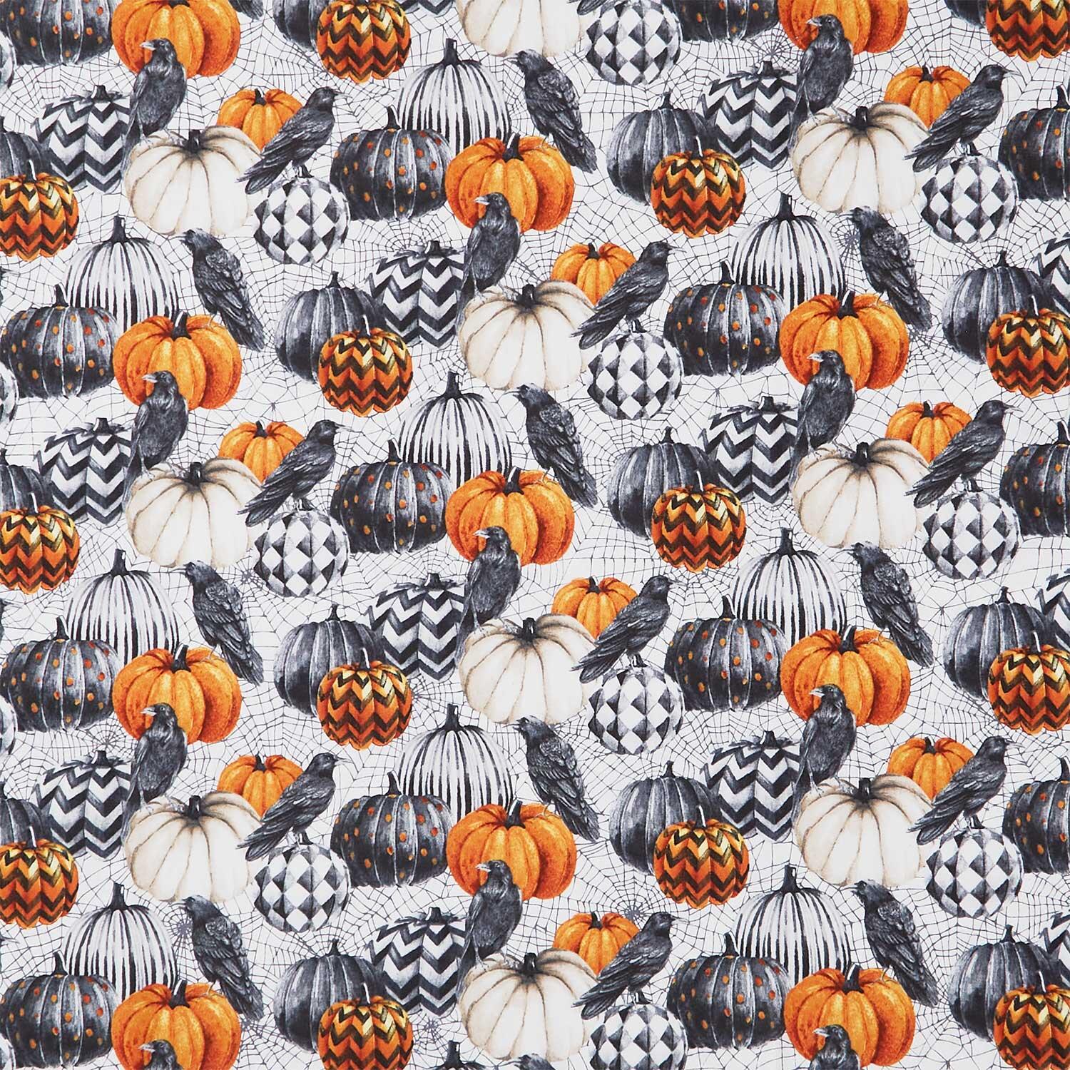 Spellbound - Pumpkins Crows White Multi Yardage