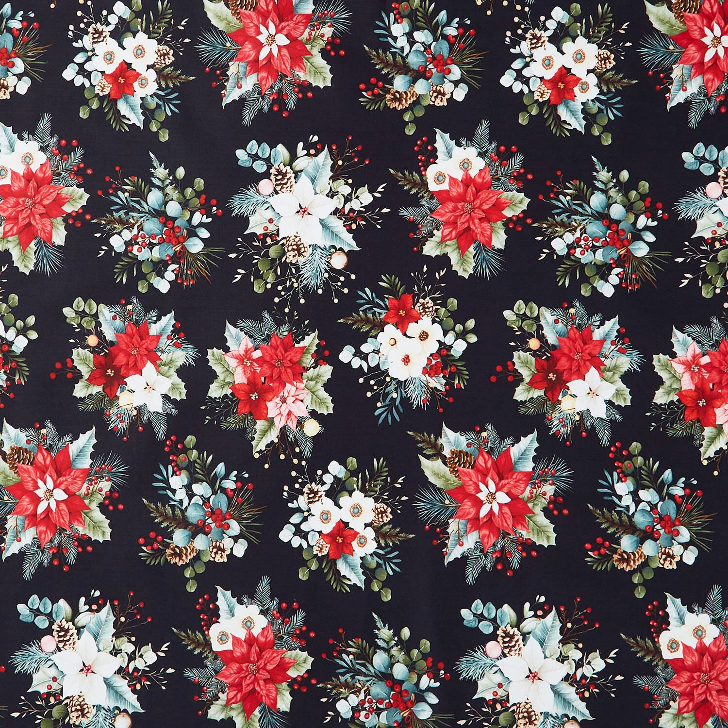 Sweet Christmas Memories - Holiday Flower Toss Black Digitally Printed Yardage